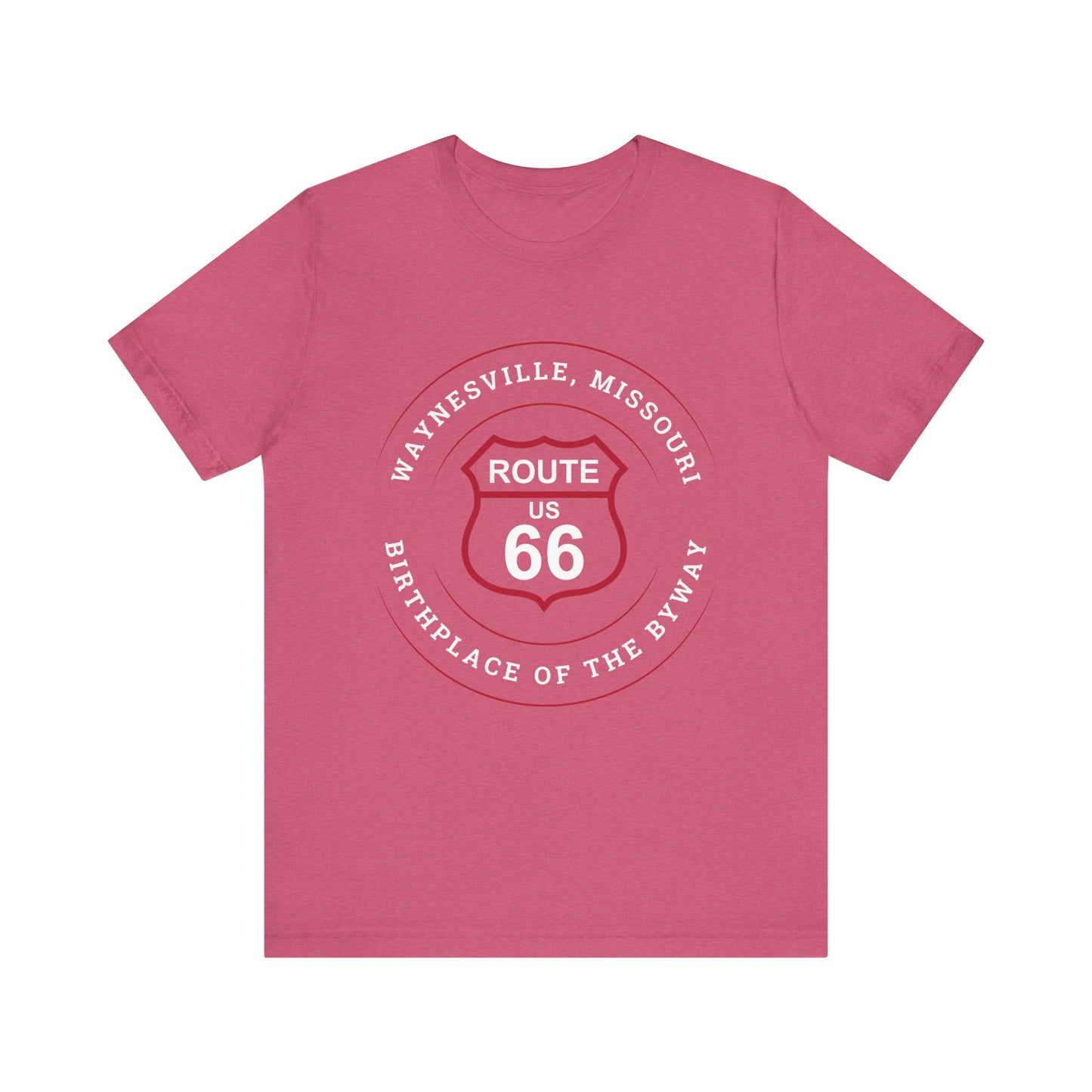 Heather raspberry retro Route 66 unisex jersey tee with Waynesville, MO: "Birthplace of the Byway" design