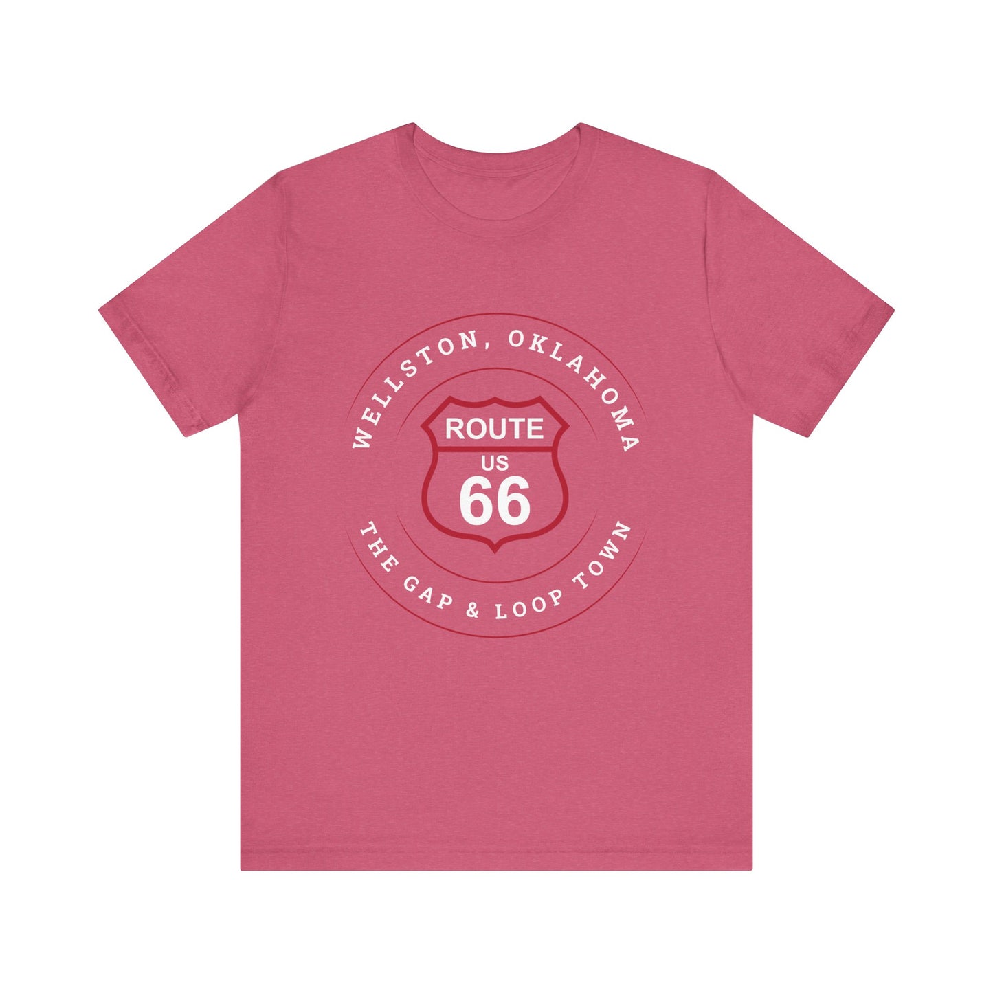 Heather raspberry retro Route 66 unisex jersey tee with Wellston, OK "Gap & Loop Town" design