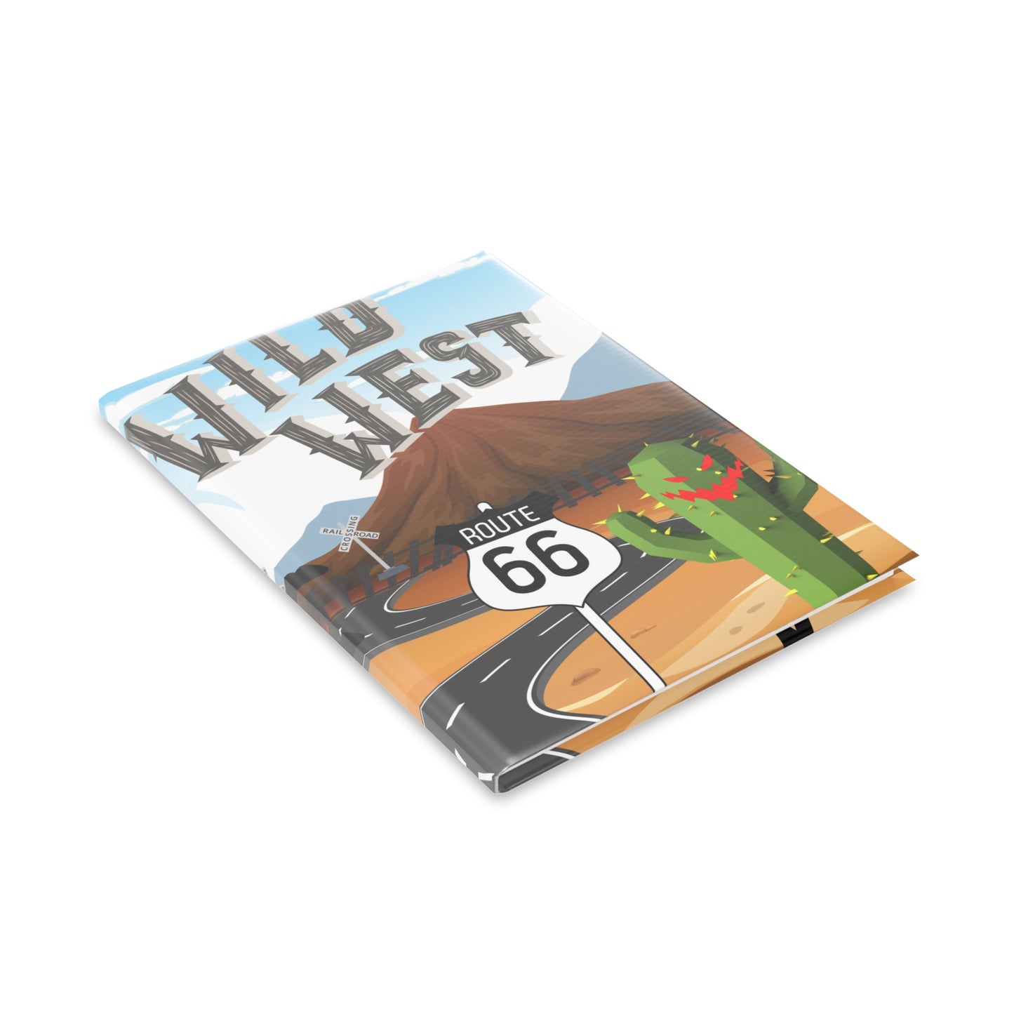 Angled flat ray of Wild West Route 66 hardcover notebook showing glossy puffy cover texture and detailed wraparound artwork