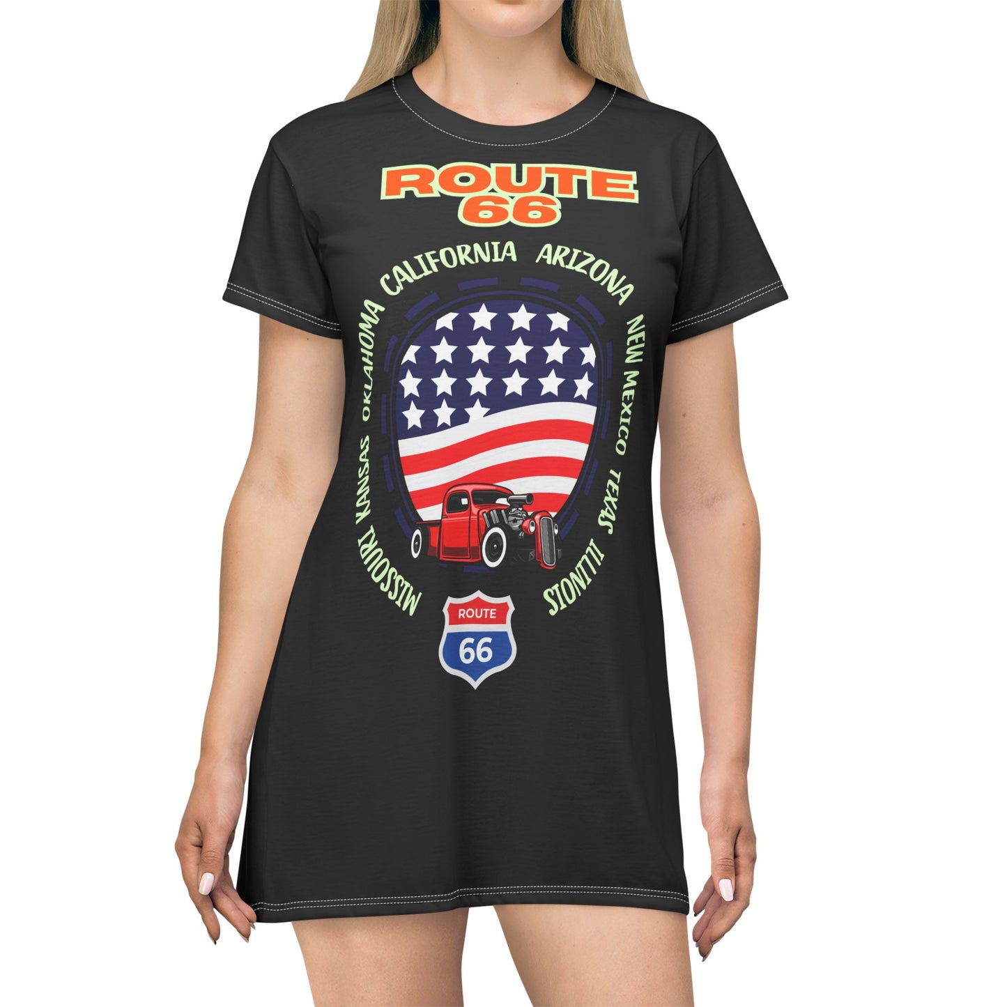 Front view of model wearing Route 66 women’s t-shirt dress showing bold retro design with patriotic U.S. flag and classic car graphic.