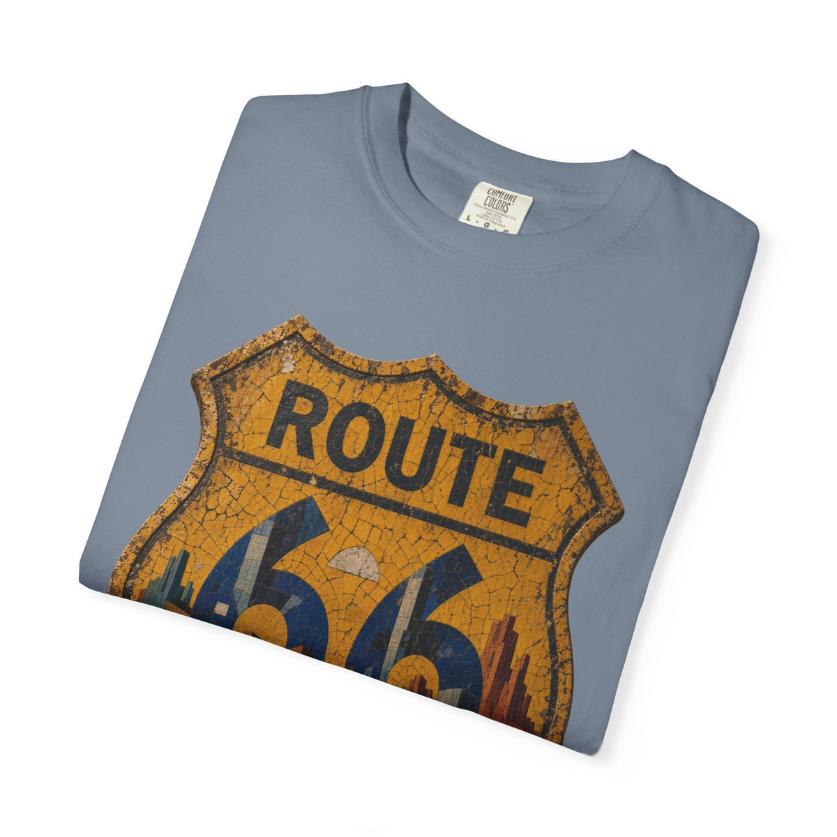 Vintage Shield Route 66 t-shirt in blue jean, folded close-up of graphic