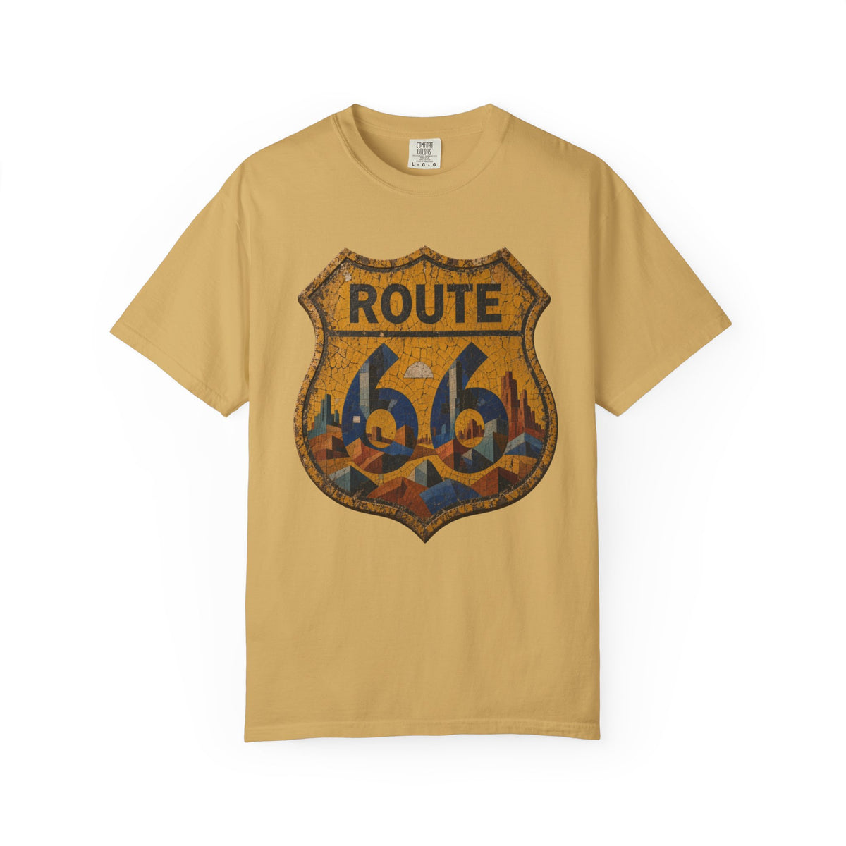 Vintage Shield Route 66 t-shirt in mustard, flat lay front view