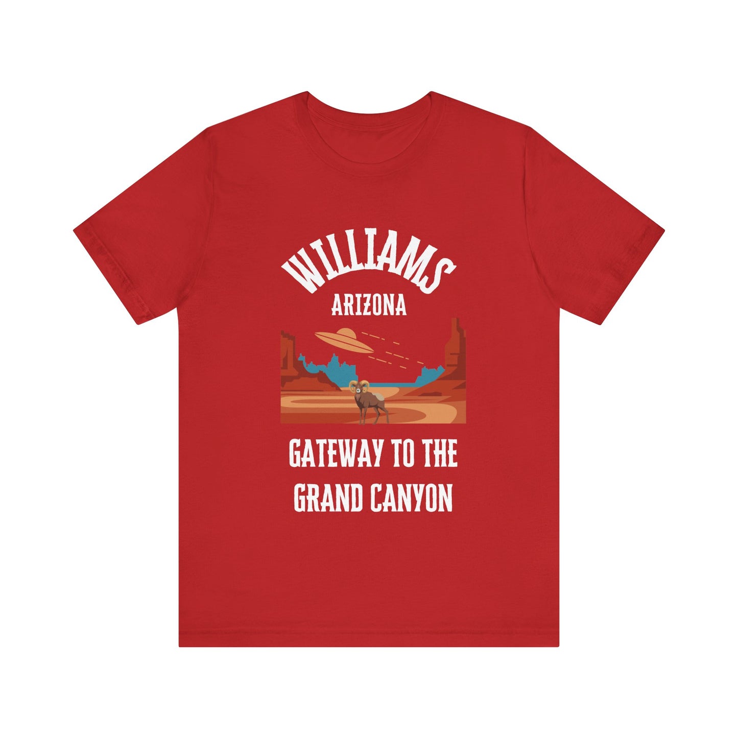 Red retro Arizona unisex jersey tee with Williams, AZ:: "Gateway to the Grand Canyon" design