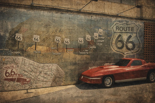 A mural in Joplin, Missouri depicting a Route 66 map across the US, with a classic red car parked in front.