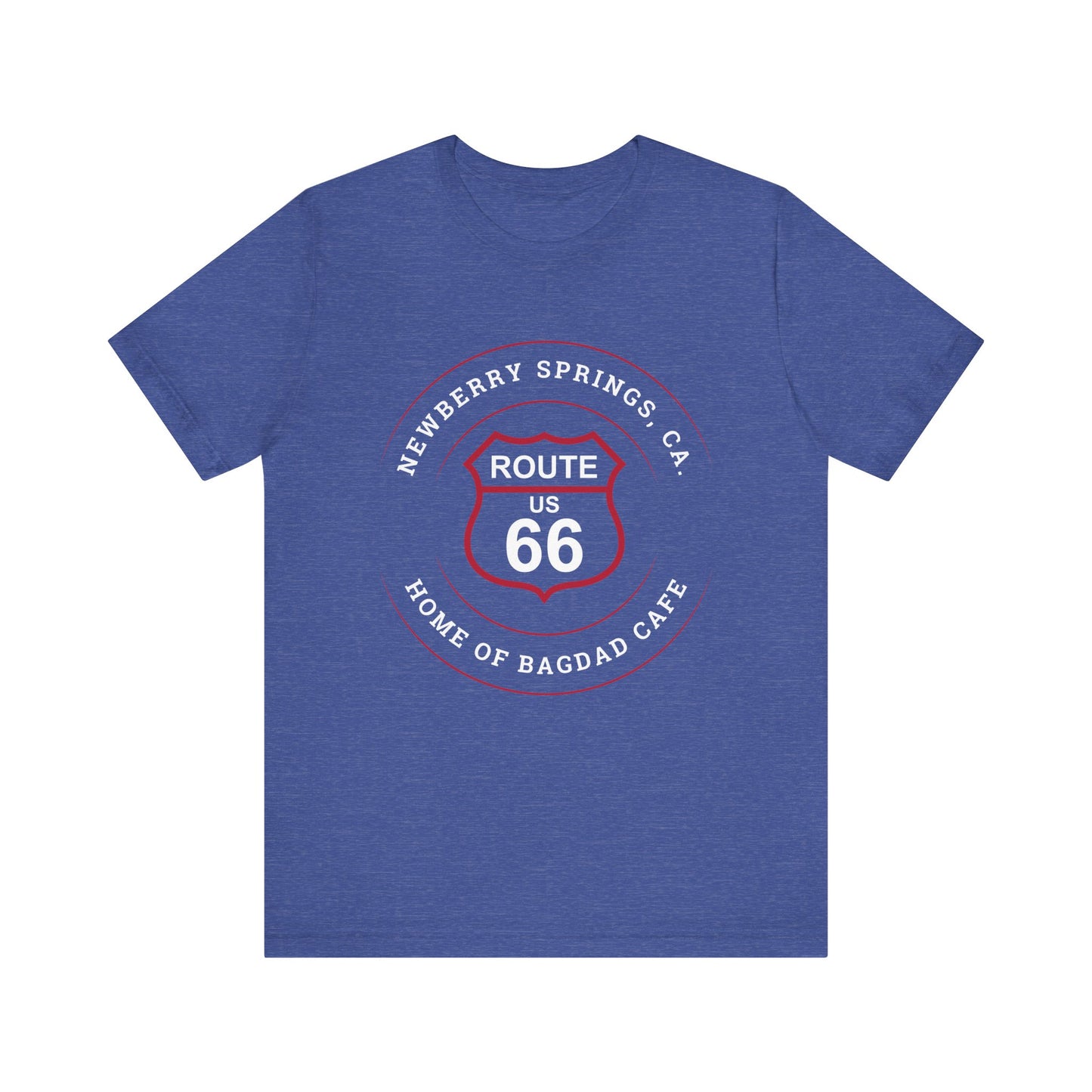 Heather true royal retro Route 66 unisex jersey tee with Newberry Springs, CA: "Home of Bagdad Cafe" design