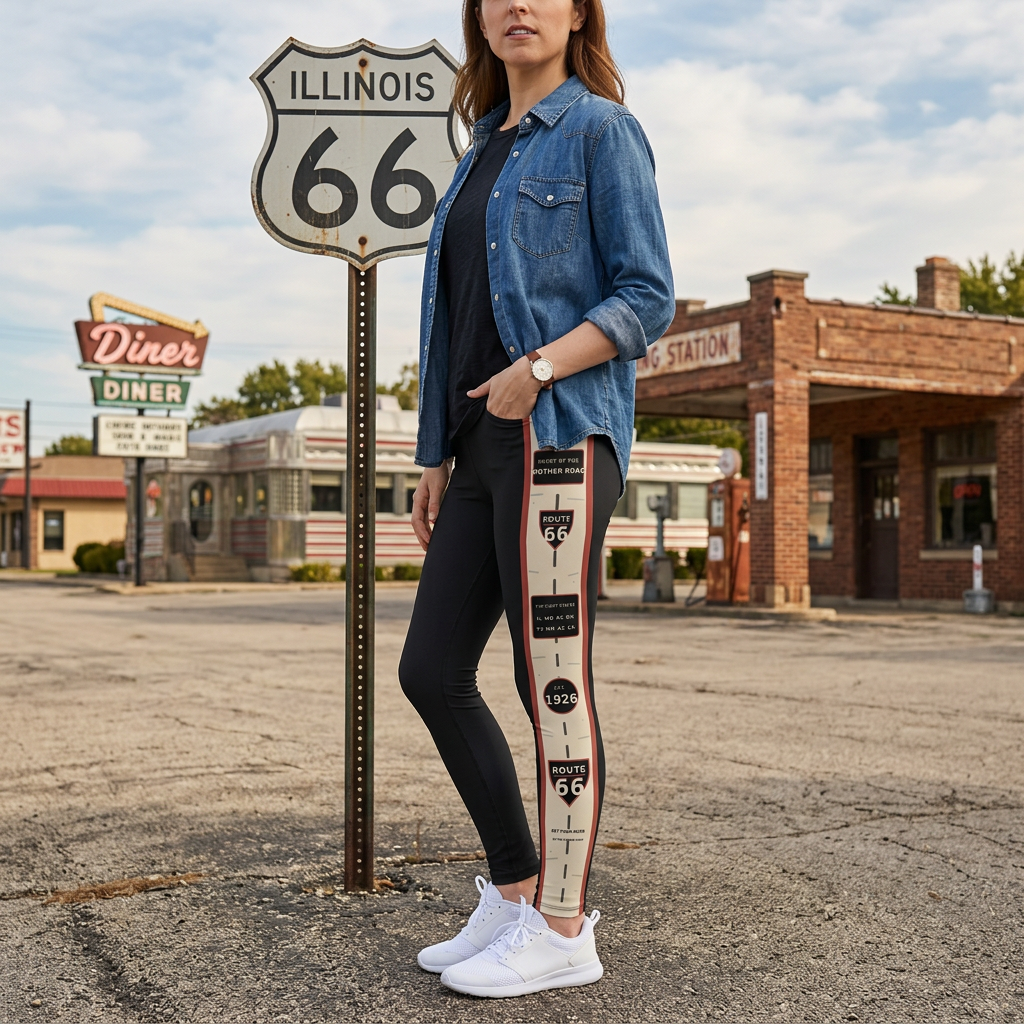 Route 66 Vintage Roadmap Leggings: Women's Retro Travel Tights
