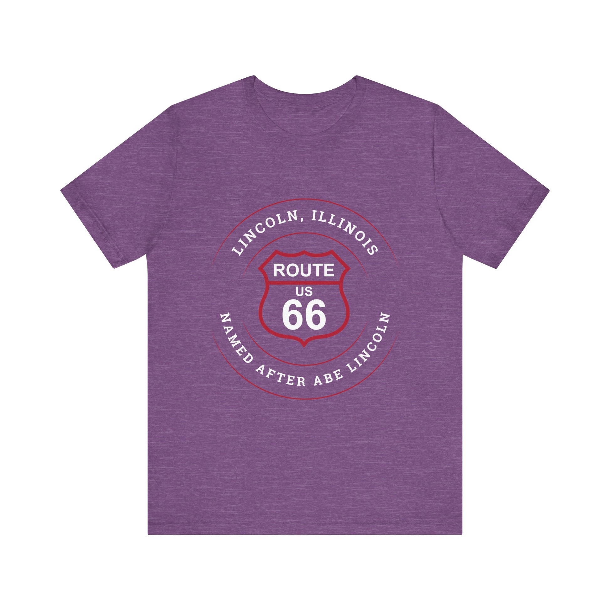 Heather team purple retro Route 66 unisex jersey tee with Lincoln, IL: "Named After Abe Lincoln" design