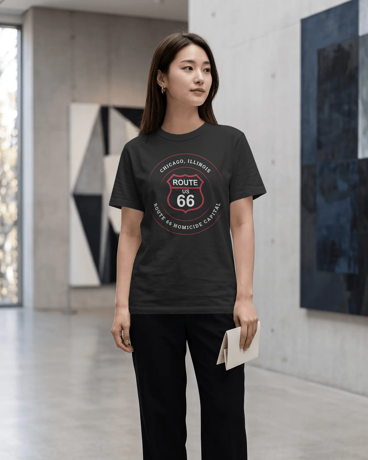 Chicago homicide capital Route 66 unisex tee in black, front view on model