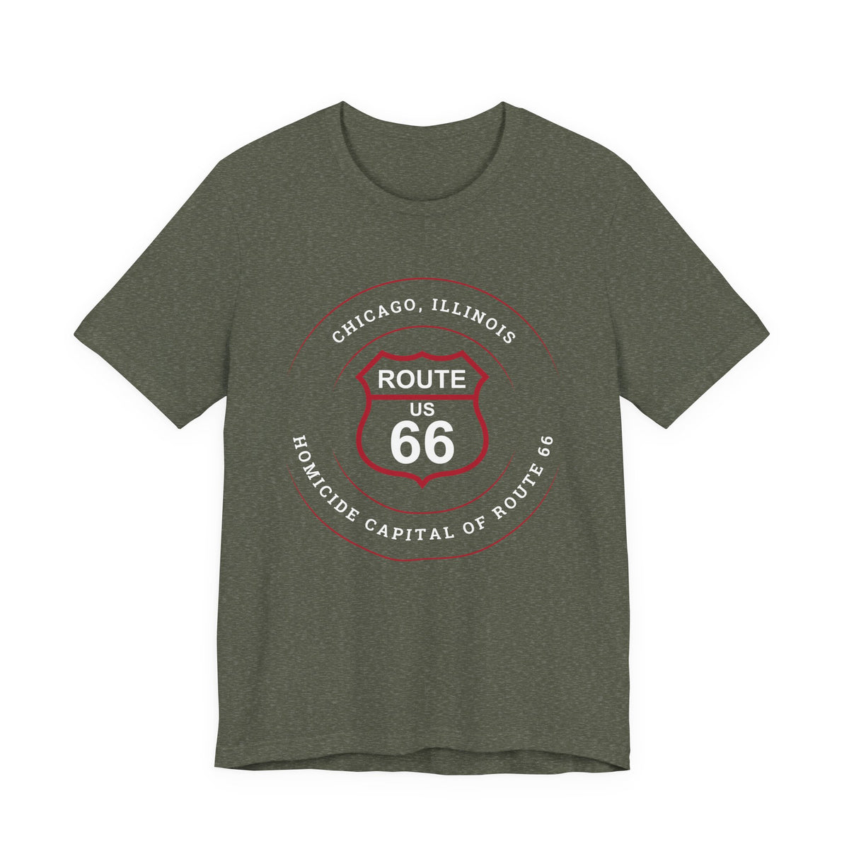Chicago homicide capital Route 66 unisex tee in olive green, front view flat lay