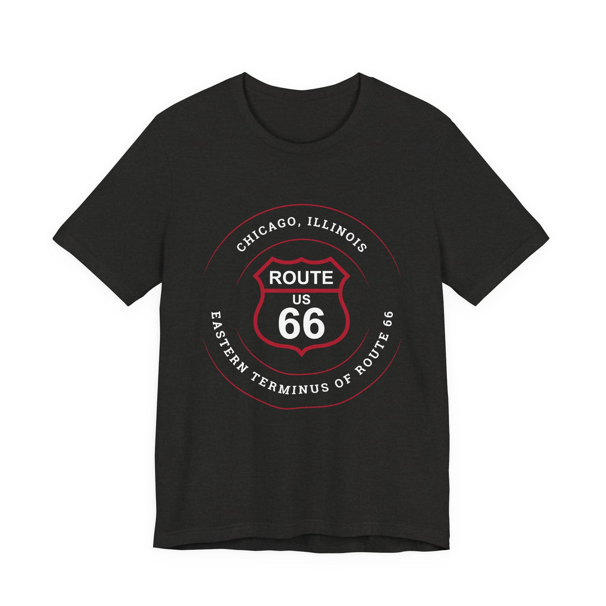 Chicago Illinois Route 66 t-shirt in black, flat lay front view