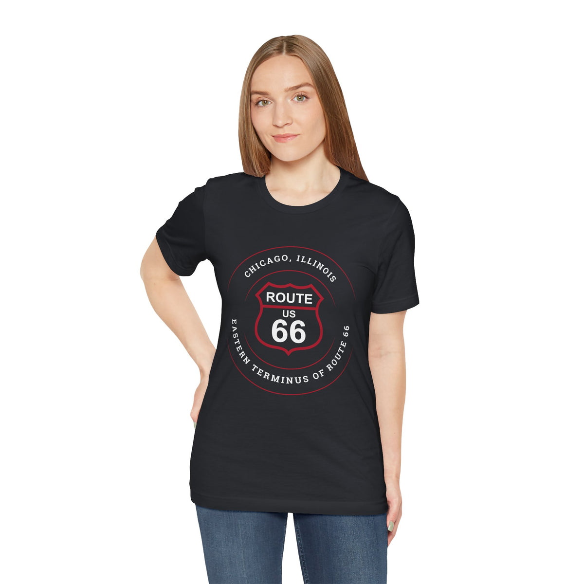 Chicago Illinois Route 66 t-shirt in black, front view on model