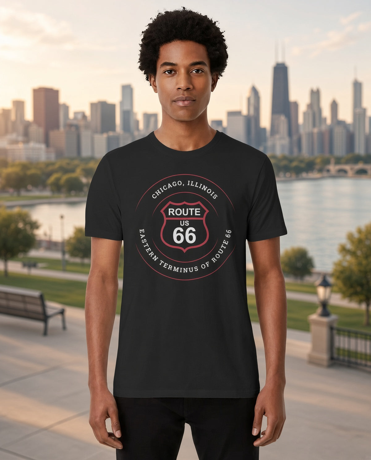 Chicago Illinois Route 66 t-shirt in black, front view on model