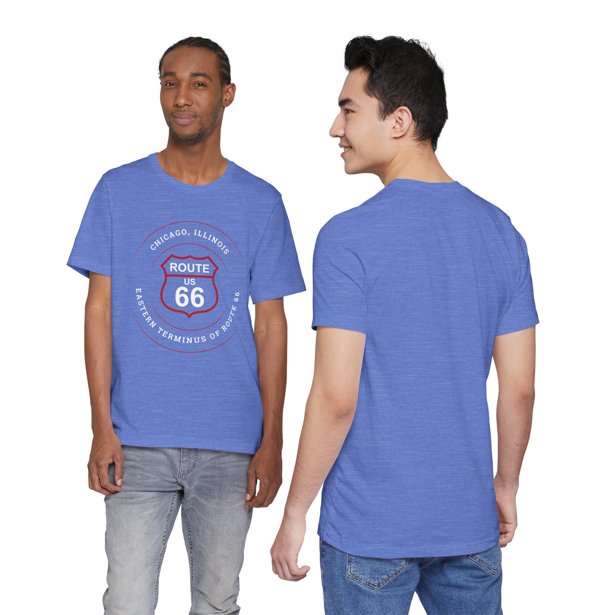 Chicago Illinois Route 66 t-shirt in heather blue, front and back views on models