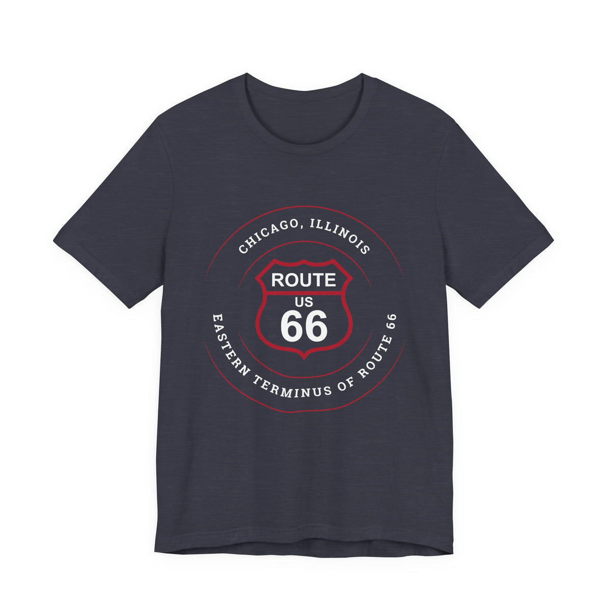 Chicago Illinois Route 66 t-shirt in navy, flat lay front view