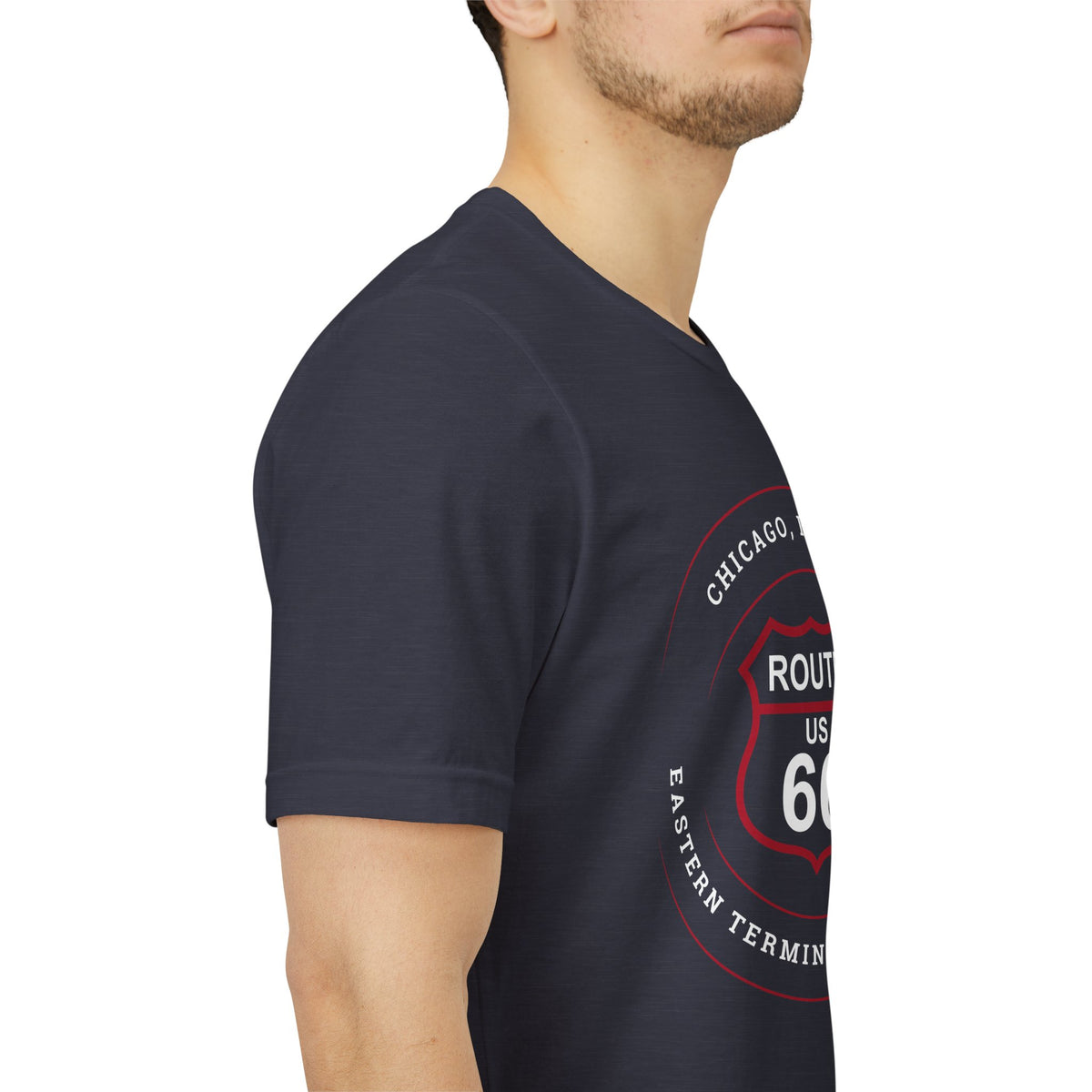 Chicago Illinois Route 66 t-shirt in navy, side view on model