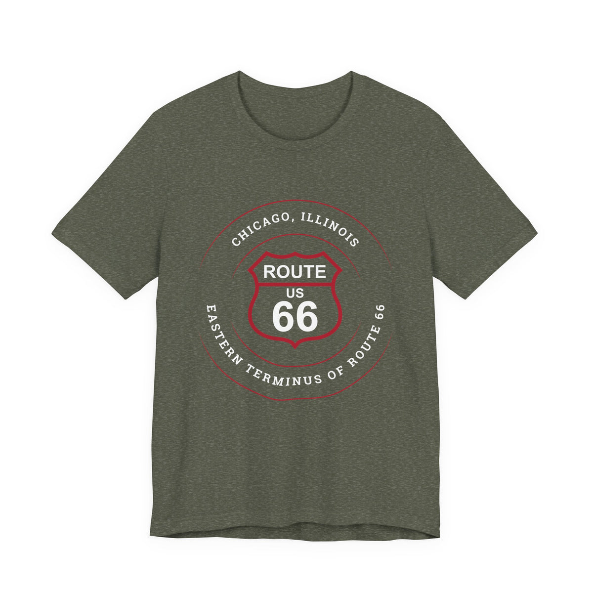Chicago Illinois Route 66 t-shirt in olive, flat lay front view