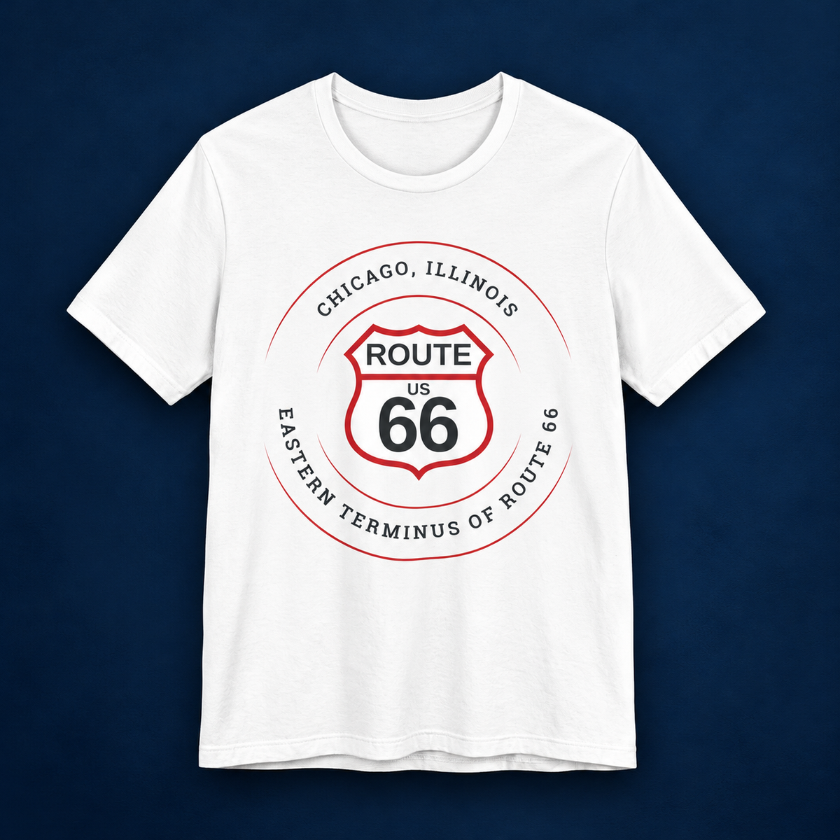 Chicago Illinois Route 66 t-shirt in white, flat lay front view