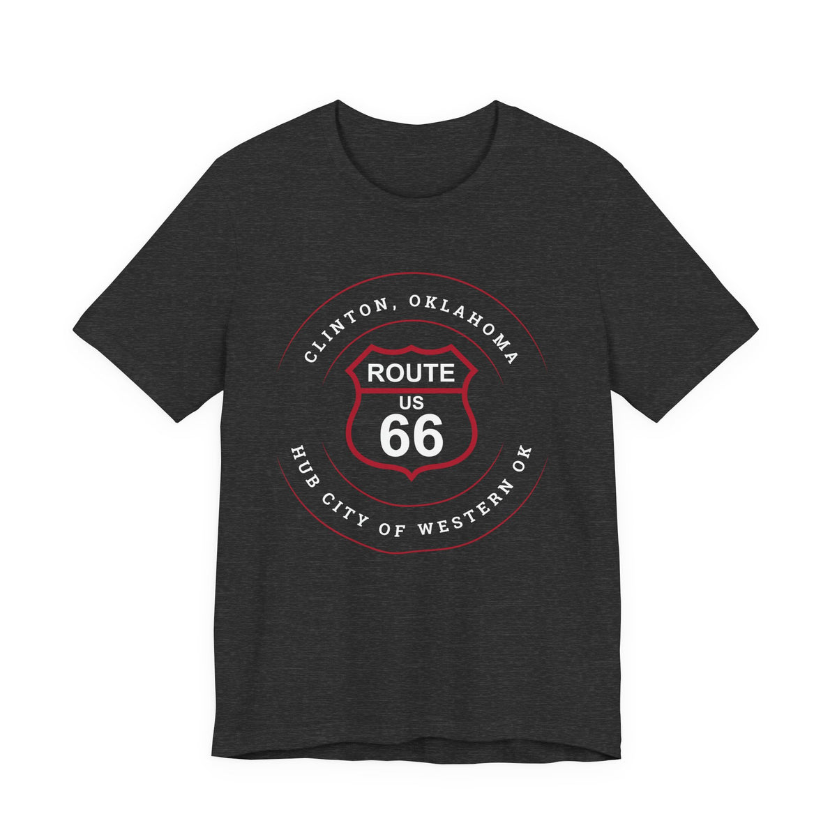Clinton hub city Route 66 unisex tee in dark heather, front view flat lay, alternate angle