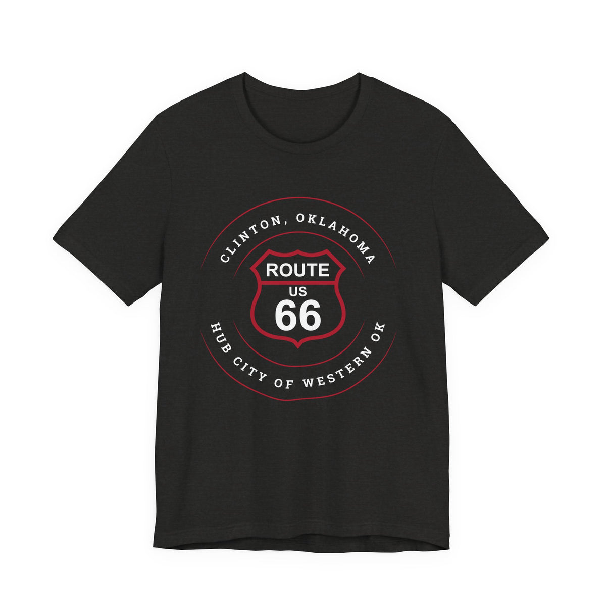 Clinton hub city Route 66 unisex tee in dark heather, front view flat lay