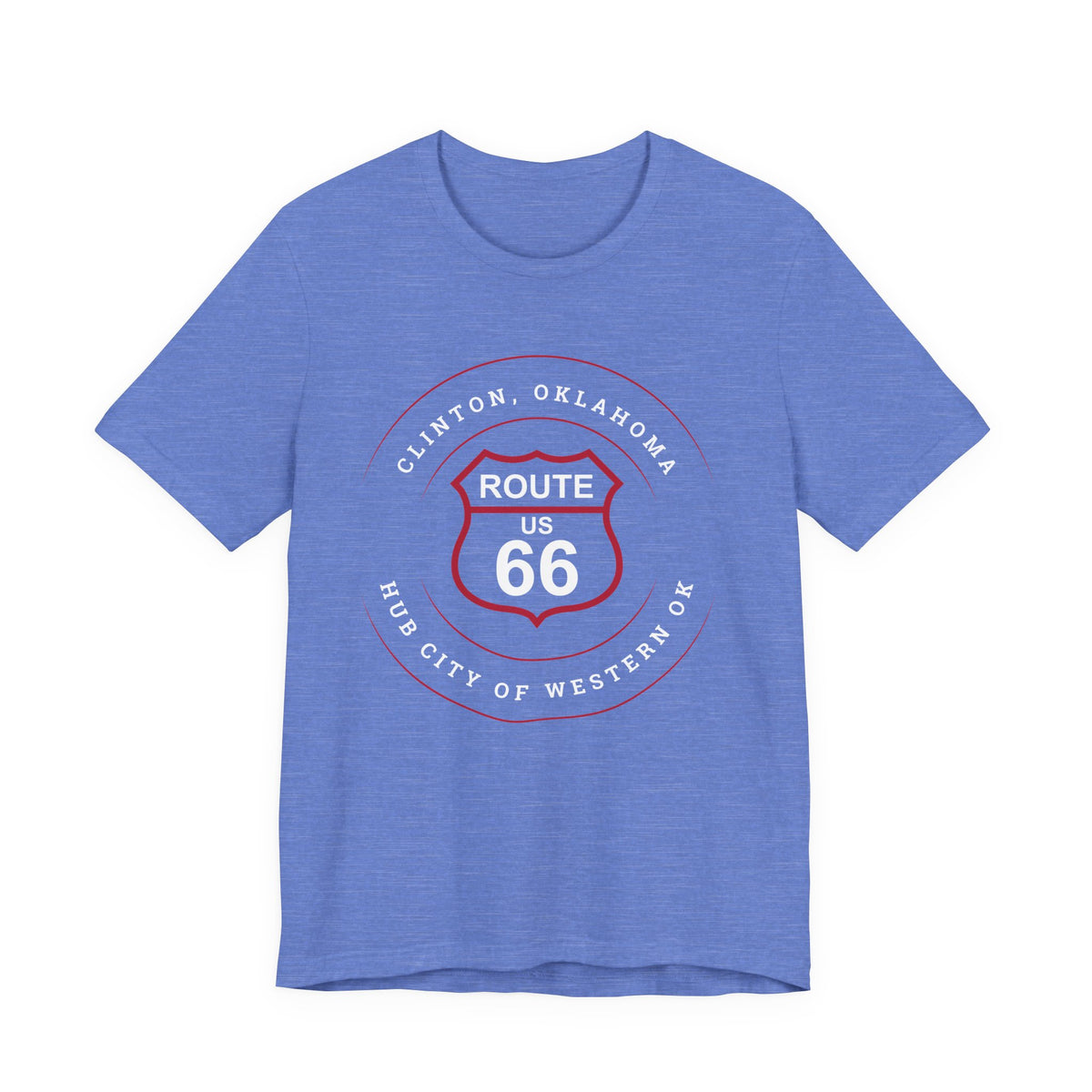 Clinton hub city Route 66 unisex tee in heather blue, front view flat lay