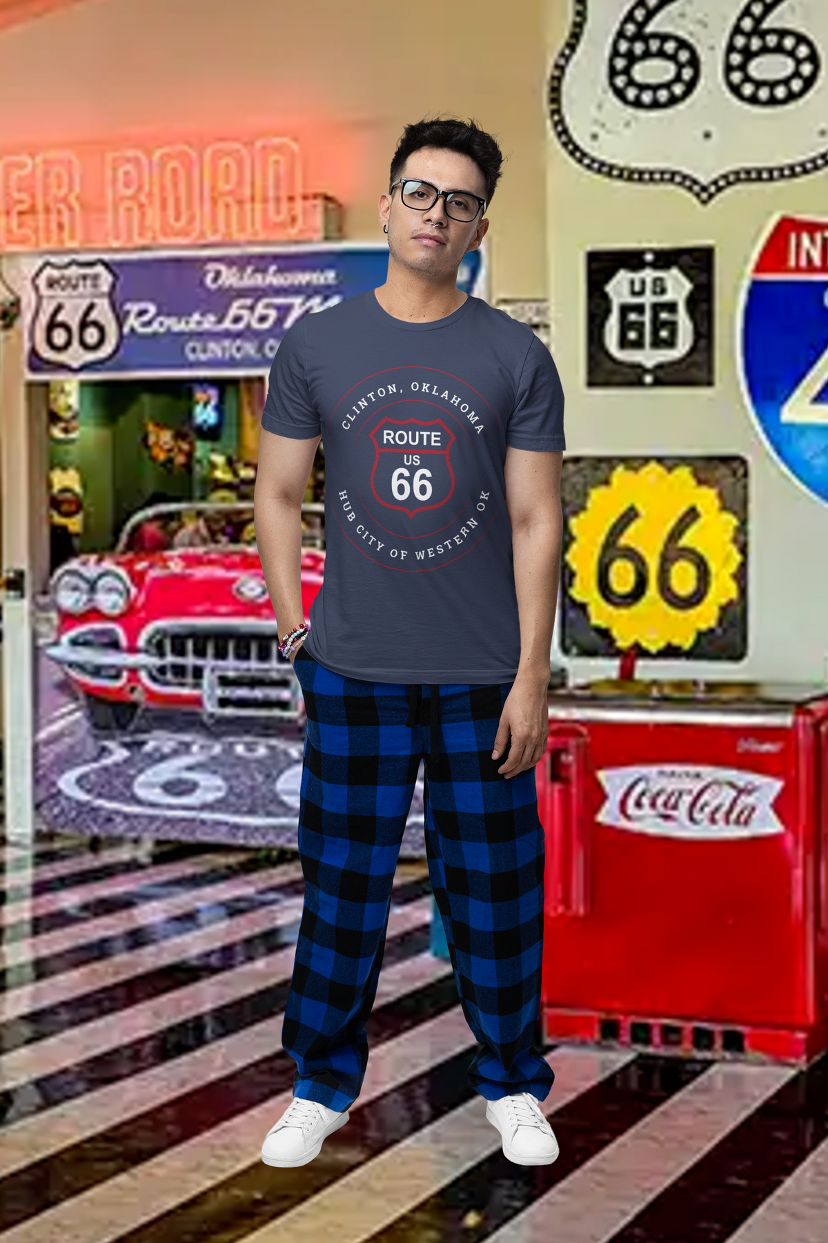 Clinton hub city Route 66 unisex tee in navy, front view on model