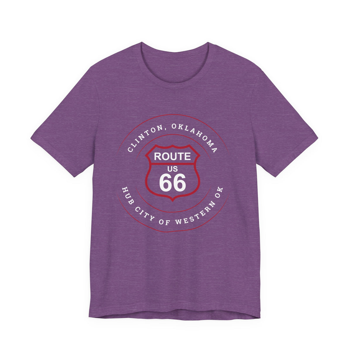 Clinton hub city Route 66 unisex tee in purple, front view flat lay