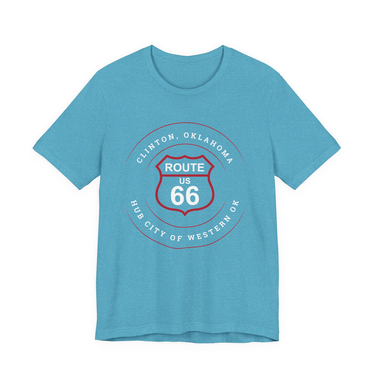 Clinton hub city Route 66 unisex tee in turquoise, front view flat lay