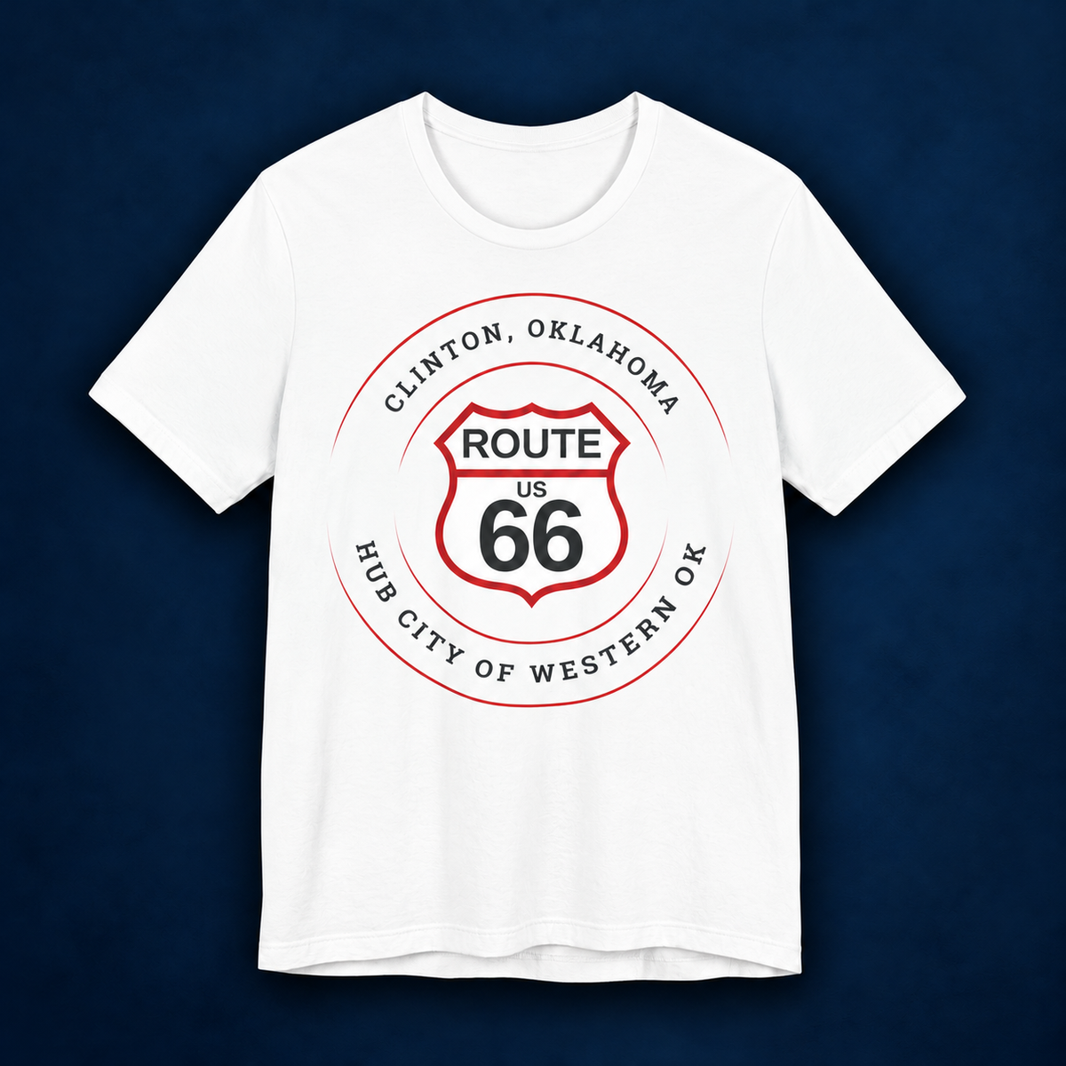Clinton hub city Route 66 unisex tee in white, front view flat lay, studio shot