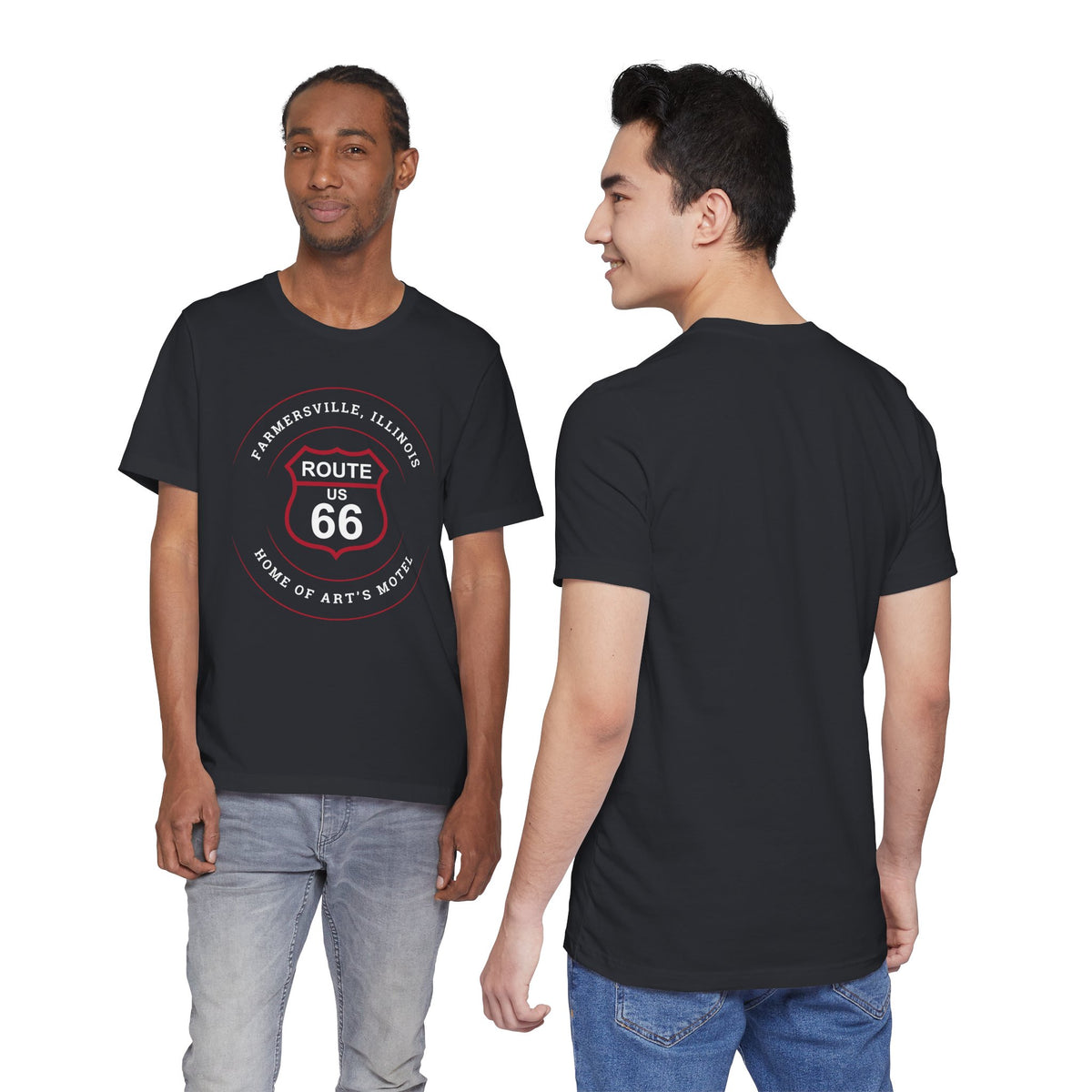 Farmersville Illinois Route 66 t-shirt in black, front and back views on models
