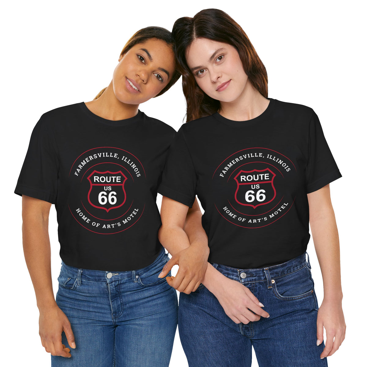 Farmersville Illinois Route 66 t-shirt in black, front view on two models