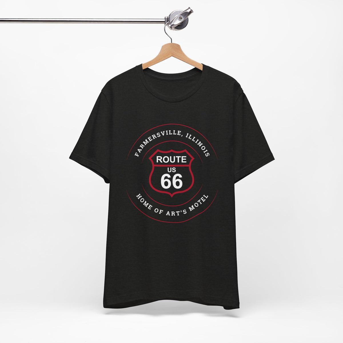 Farmersville Illinois Route 66 t-shirt in black, hanging front view