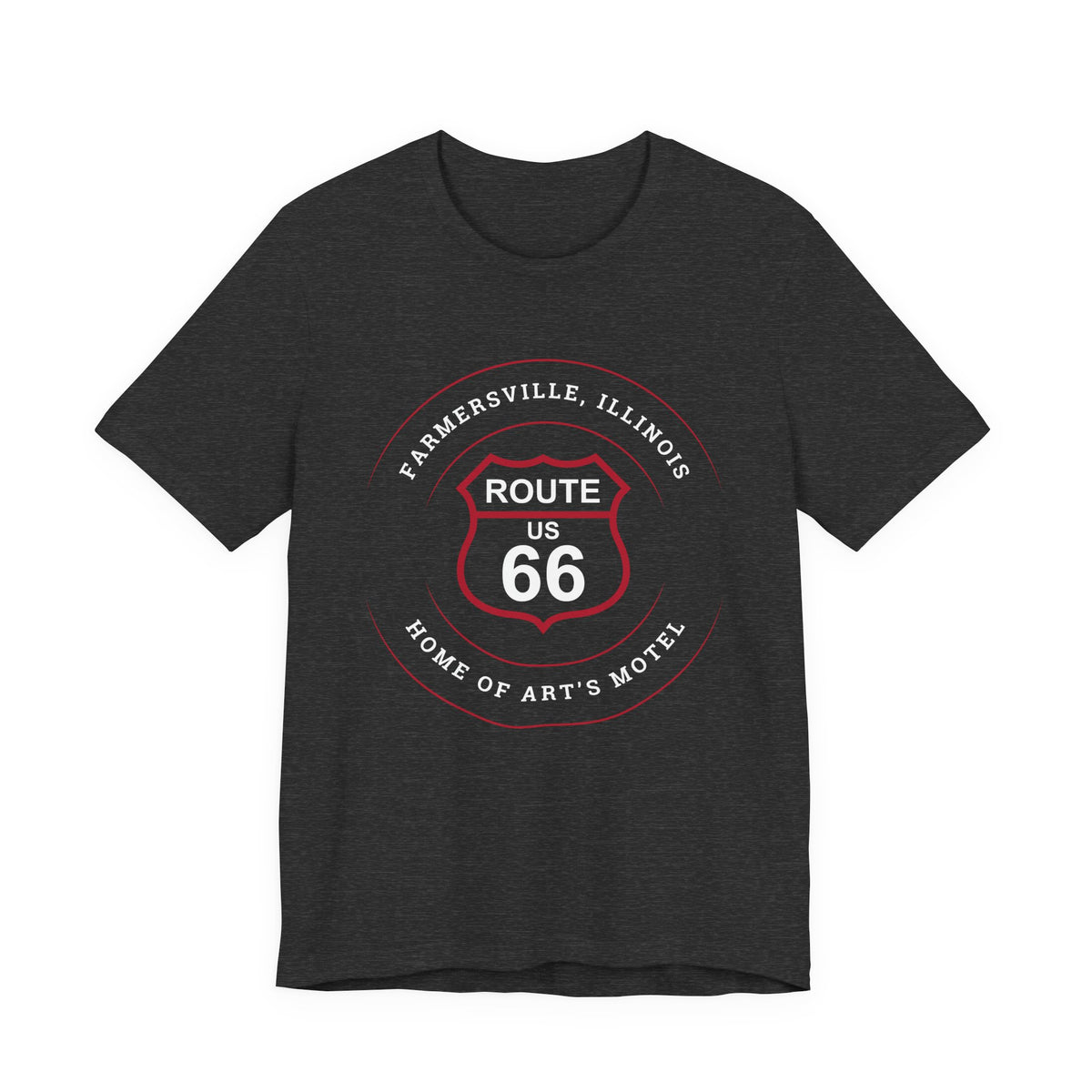 Farmersville Illinois Art's Motel Route 66 t-shirt in dark grey heather, front view