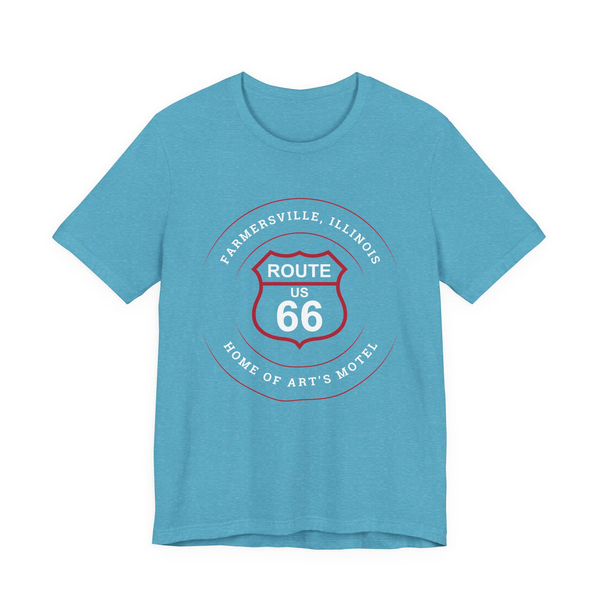 Farmersville Illinois Art's Motel Route 66 t-shirt in heather aqua, front view