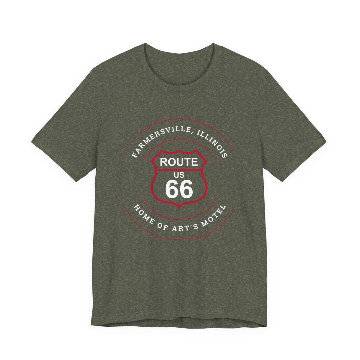 Farmersville Illinois Art's Motel Route 66 t-shirt in heather military green, front view