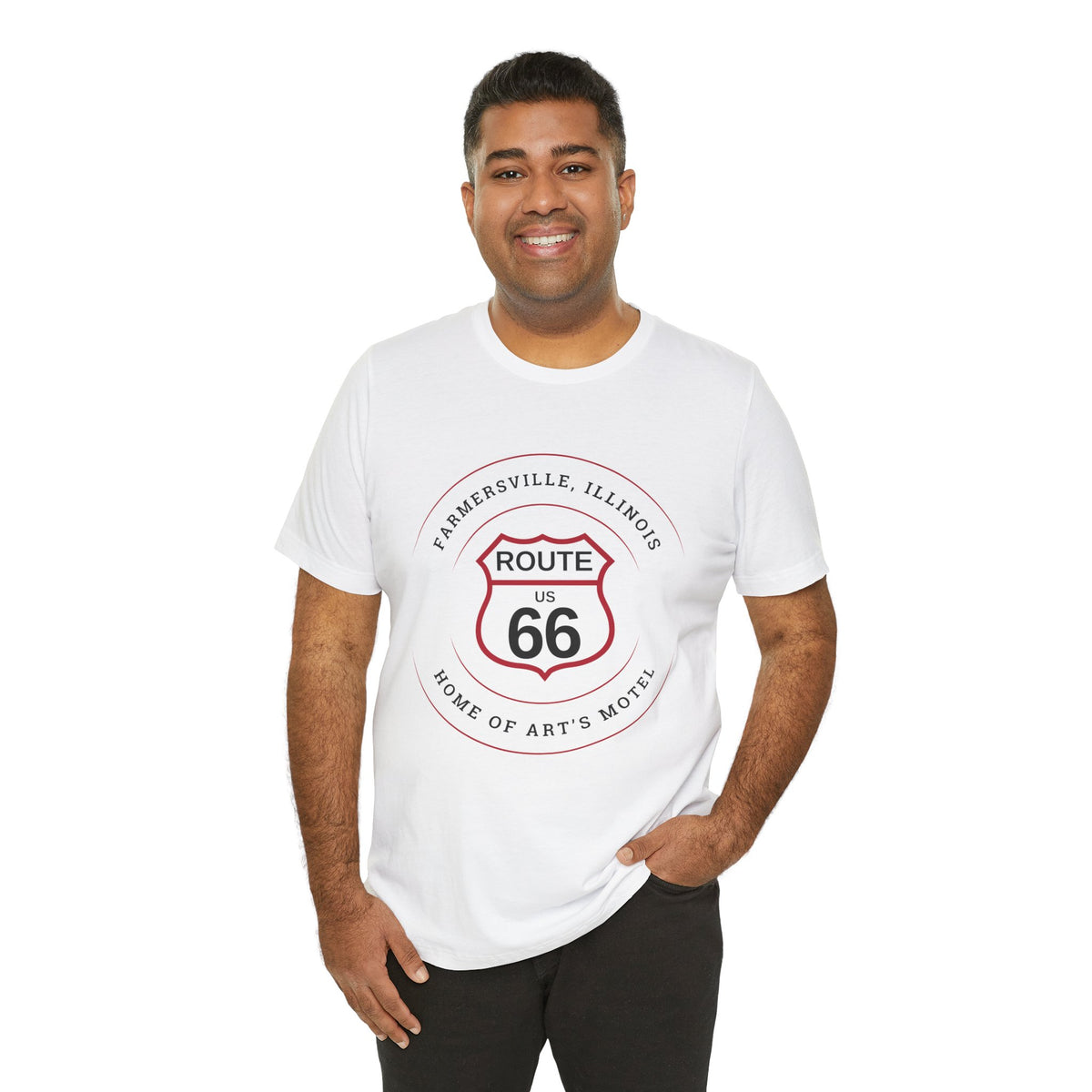 Farmersville Illinois Route 66 t-shirt in white, front view on model
