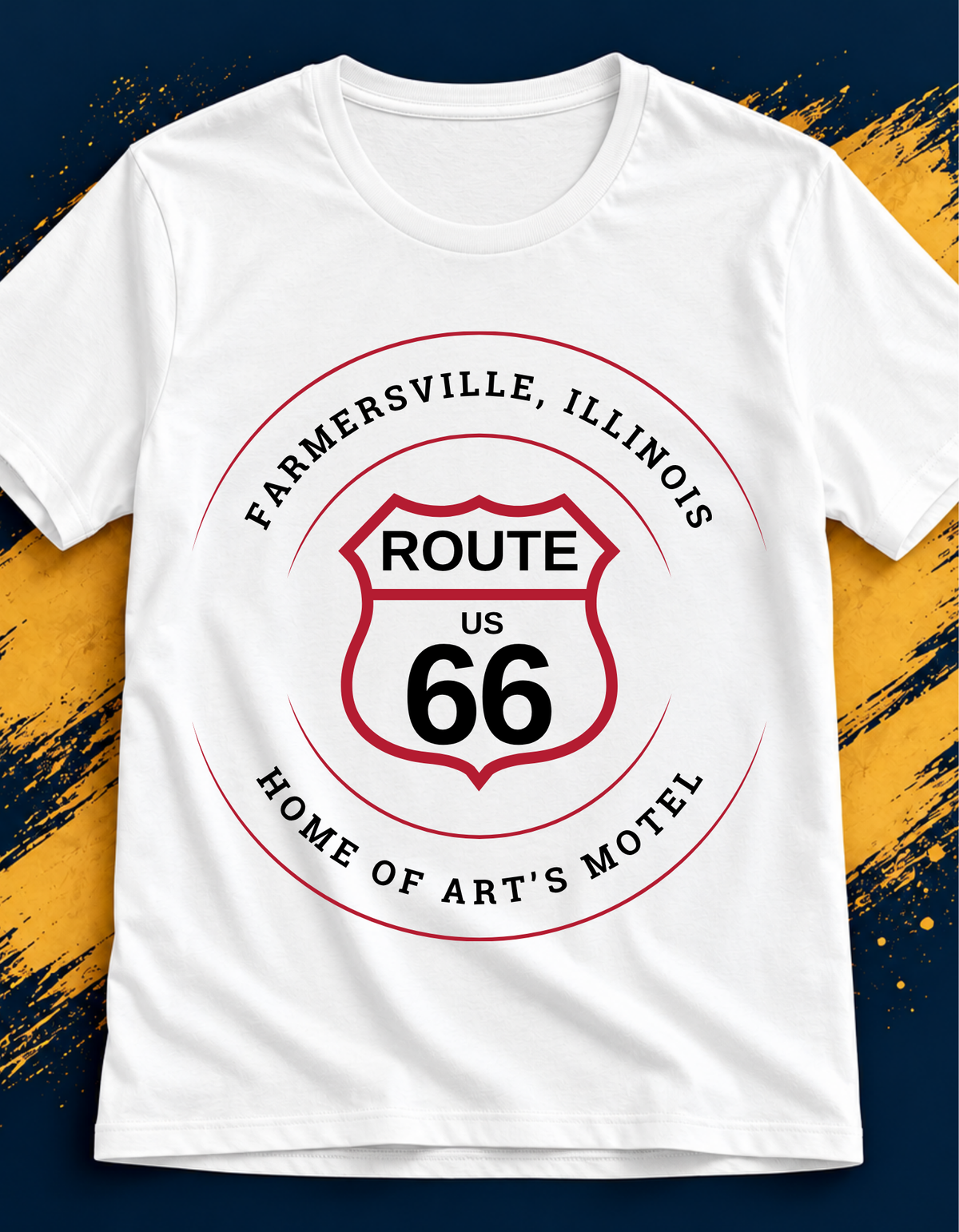 Farmersville Illinois Art's Motel Route 66 t-shirt in white, front view