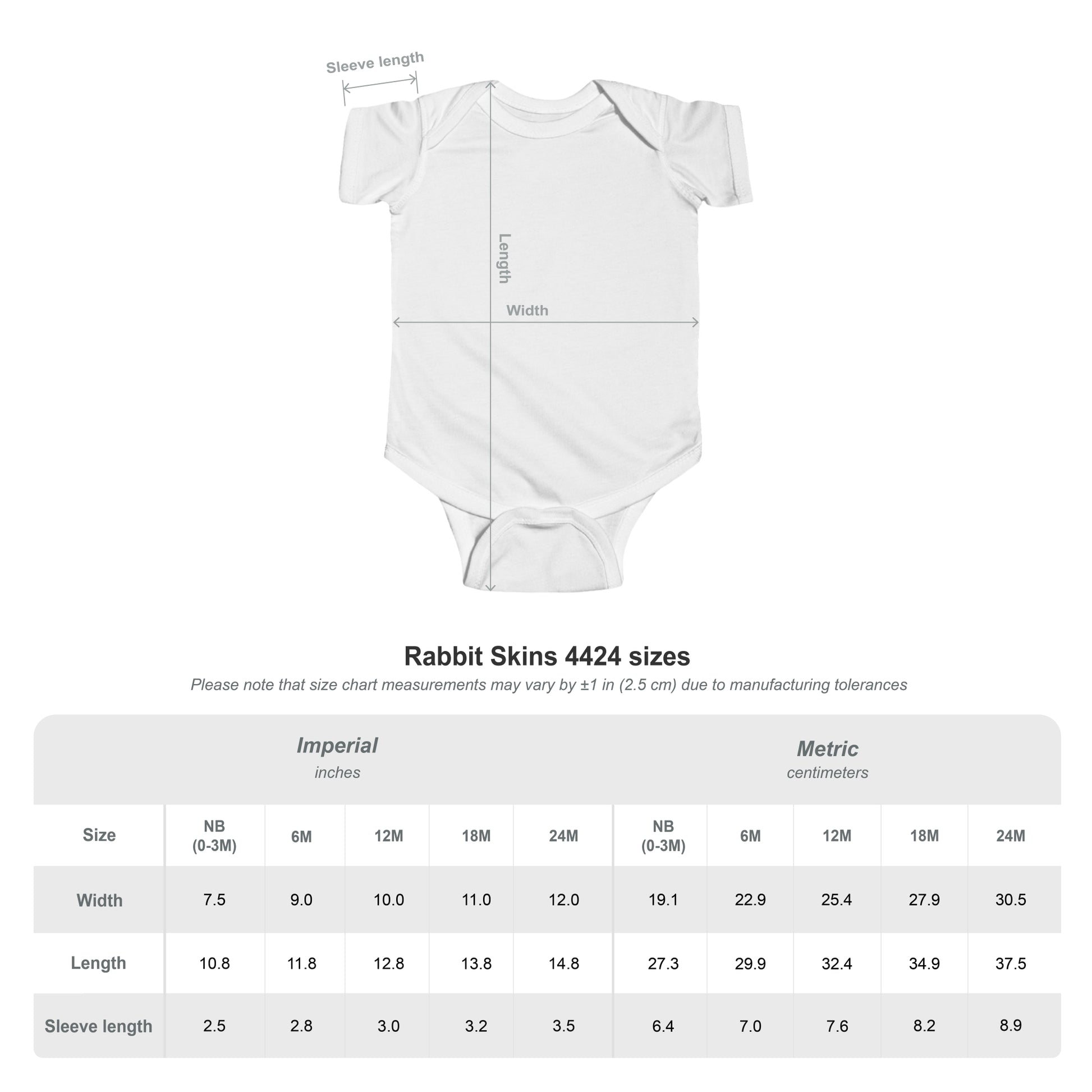Imperial and metric sizing charts for the Route 66 Infant Bodysuit with Red Convertible and Retro Highway Shield.