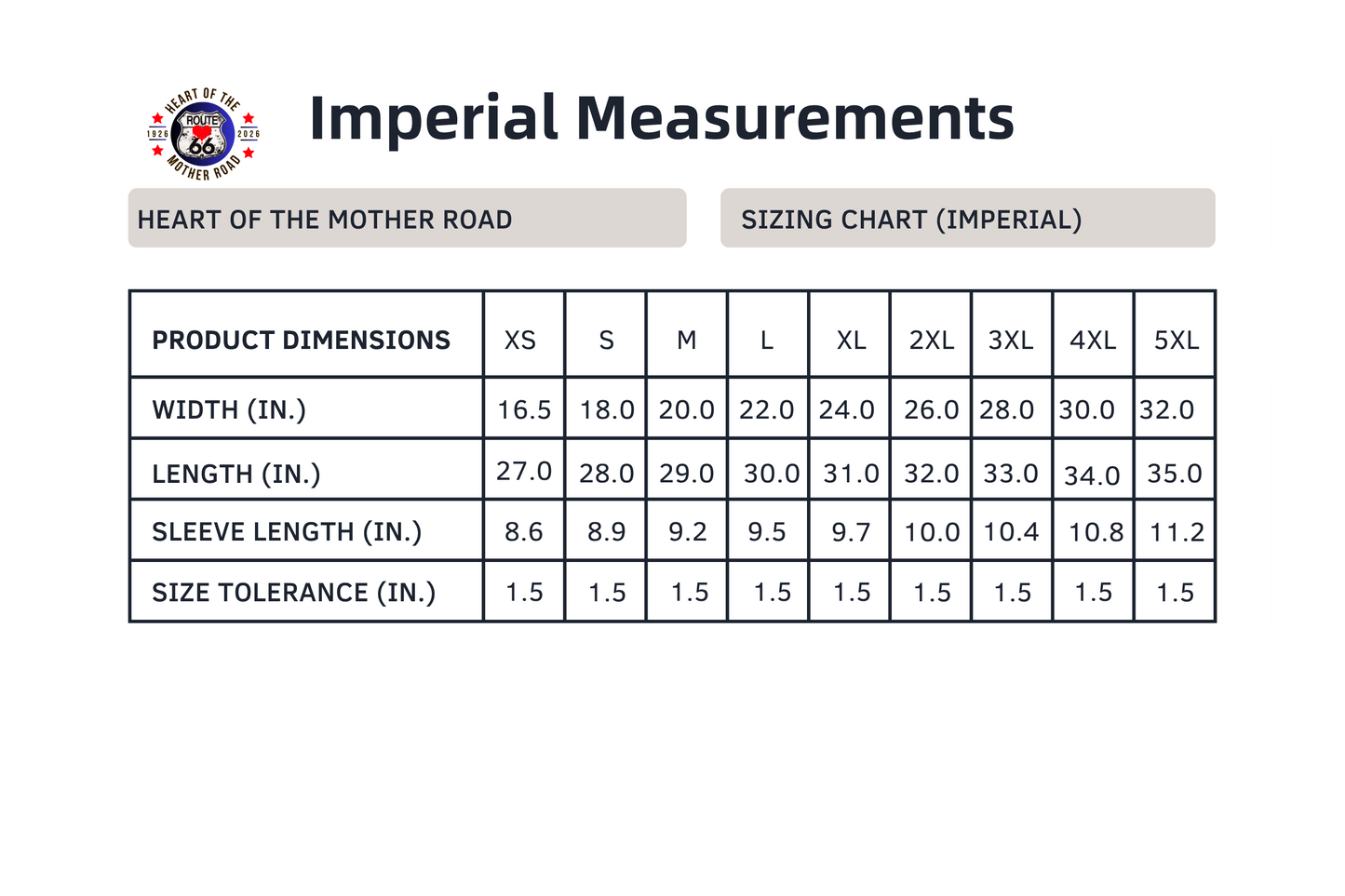 Imperial sizing chart for the ultra-soft, collectible Route 66 unisex tee in the Route 66 Everytown Collection