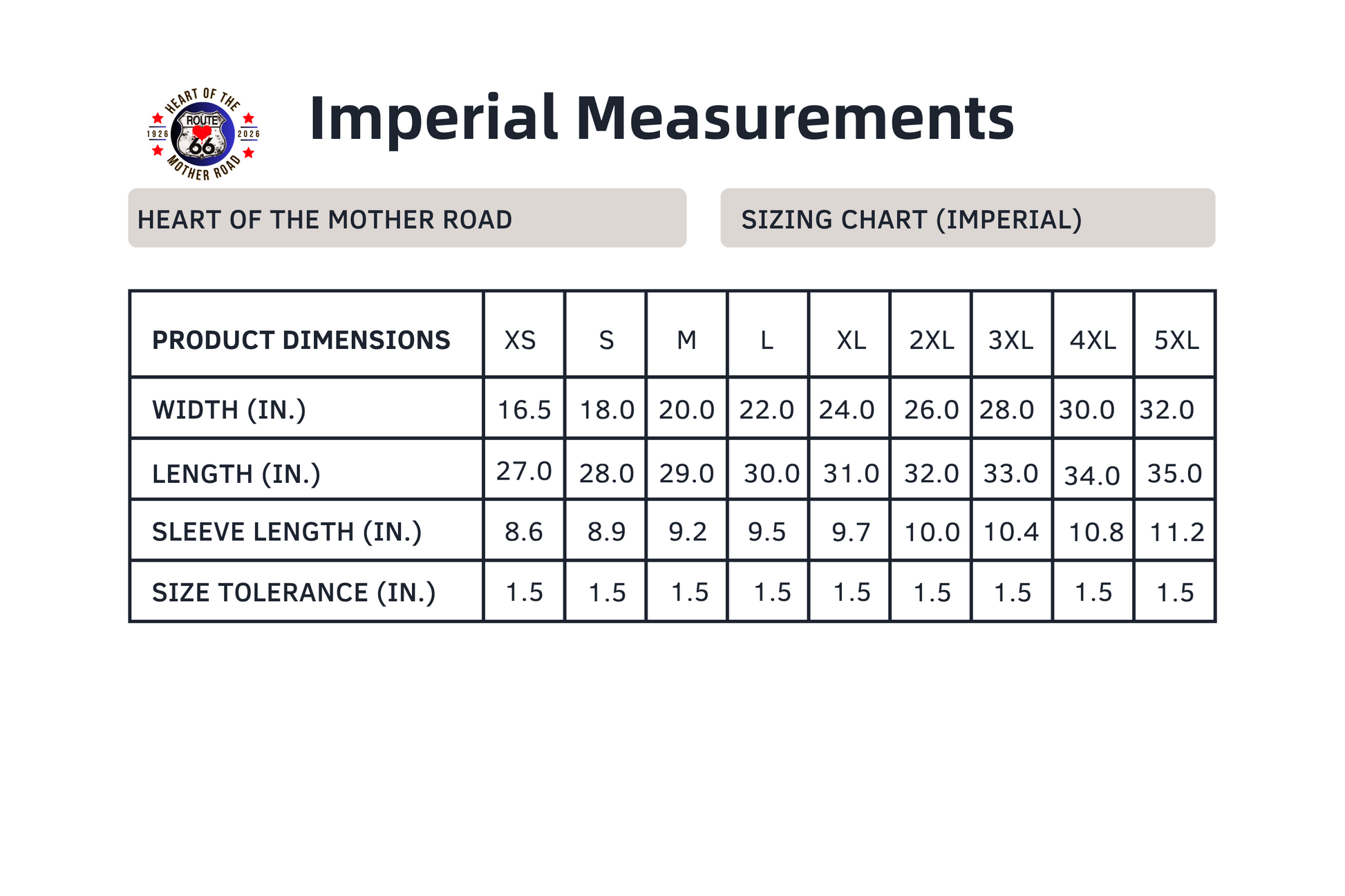Imperial sizing chart for the ultra-soft, collectible Route 66 unisex tee in the Route 66 Everytown Collection