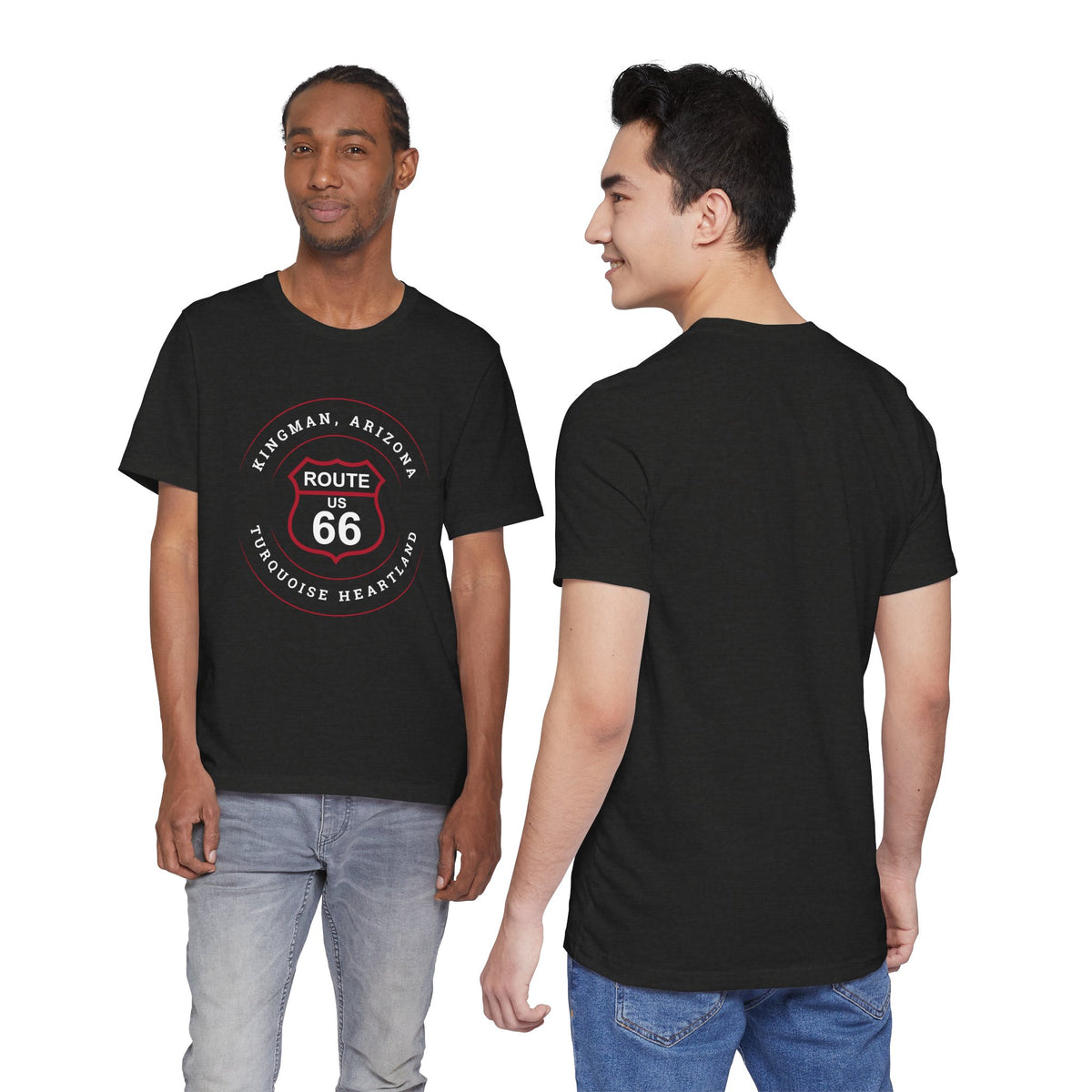 Kingman Arizona turquoise heartland Route 66 t-shirt in black, front and back views on models