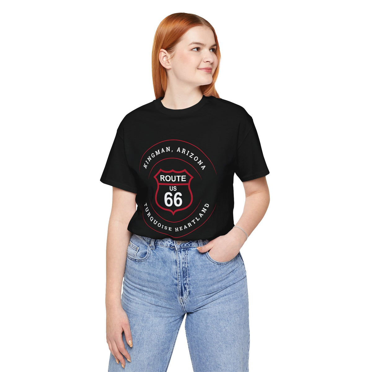 Kingman Arizona turquoise heartland Route 66 t-shirt in black, front view on model