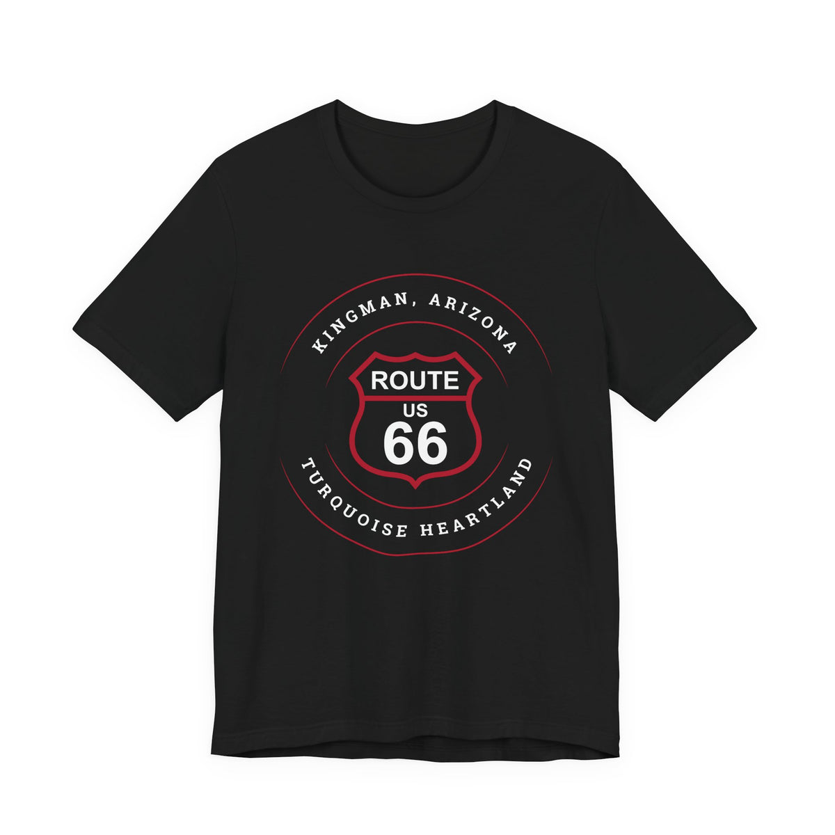 Kingman Arizona turquoise heartland Route 66 t-shirt in black, front view