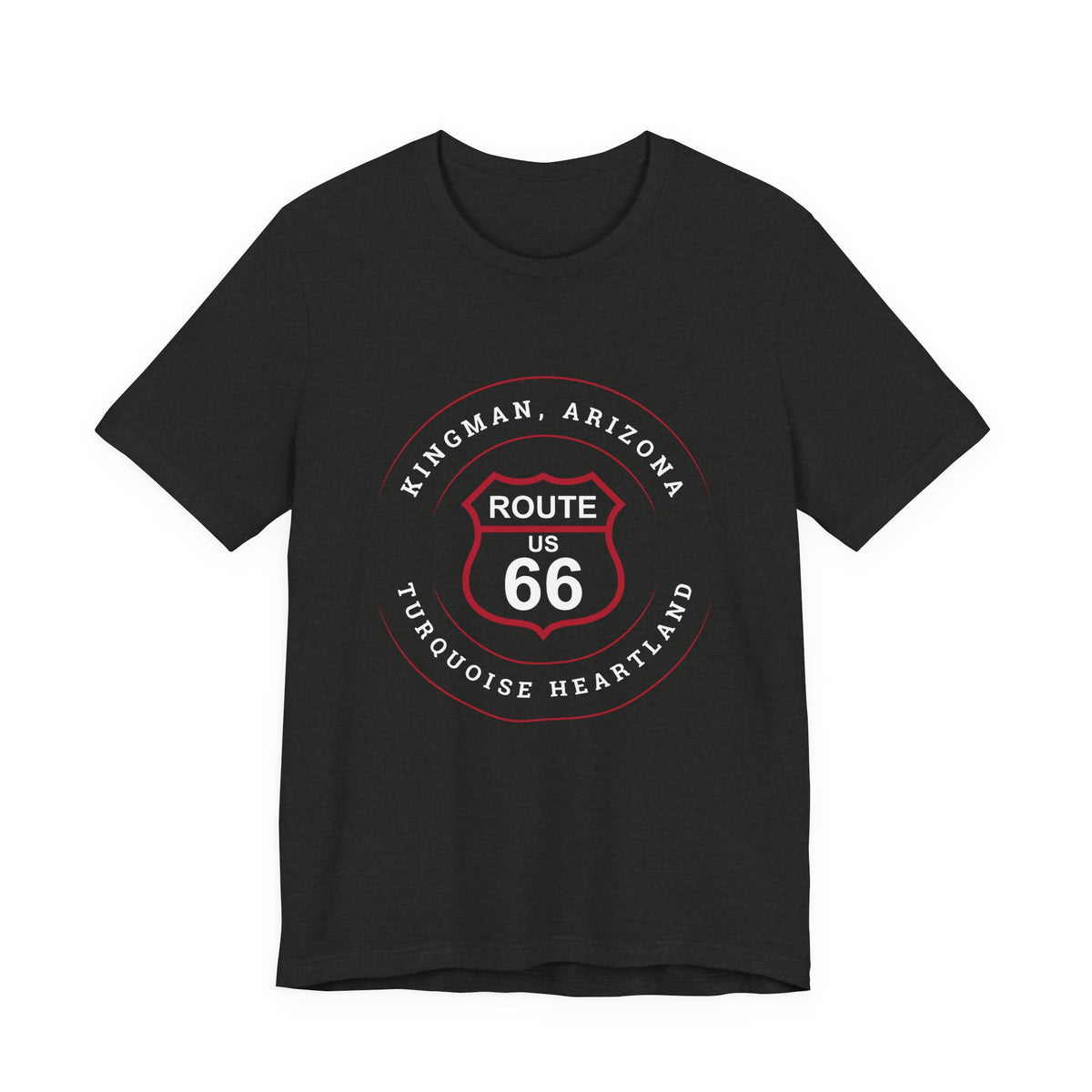 Kingman Arizona turquoise heartland Route 66 t-shirt in black heather, front view