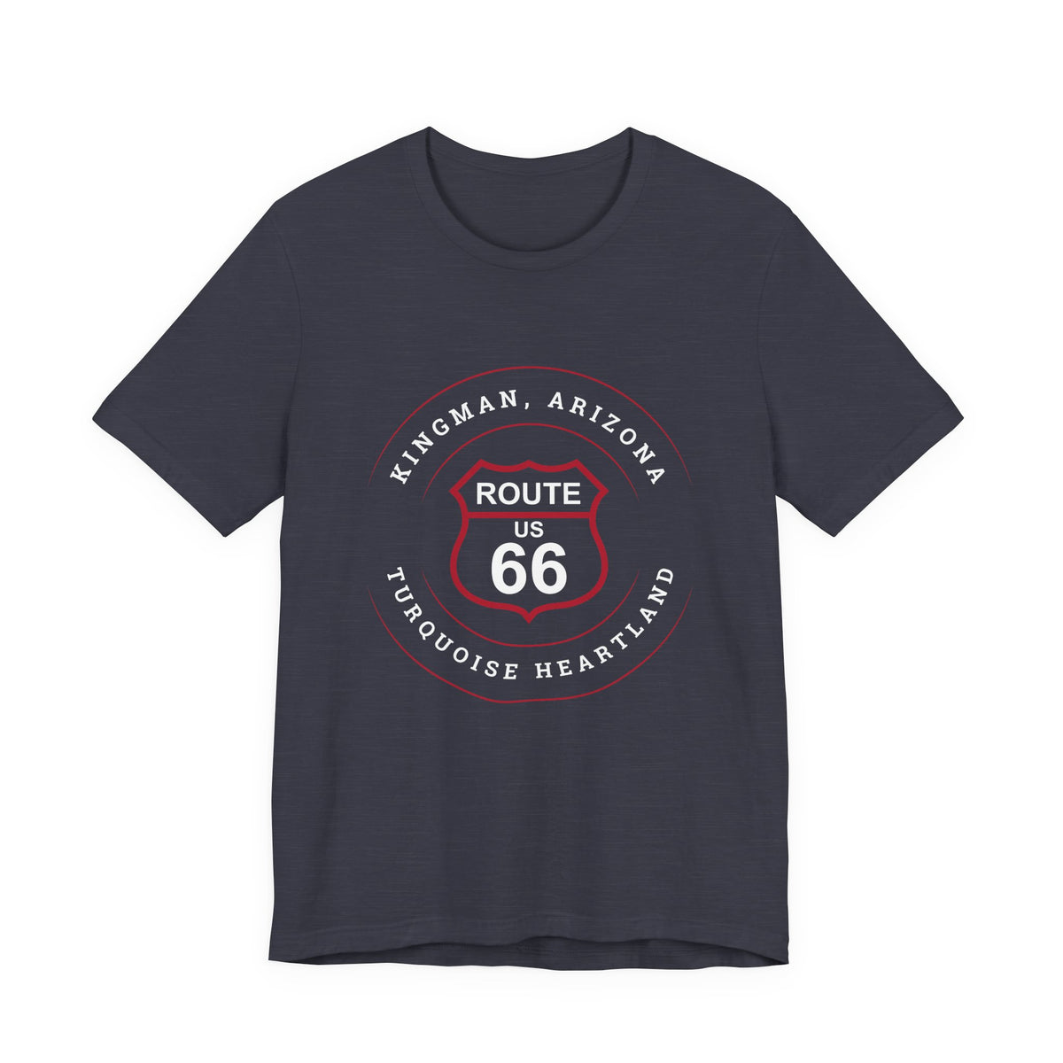 Kingman Arizona turquoise heartland Route 66 t-shirt in heather midnight navy, front view