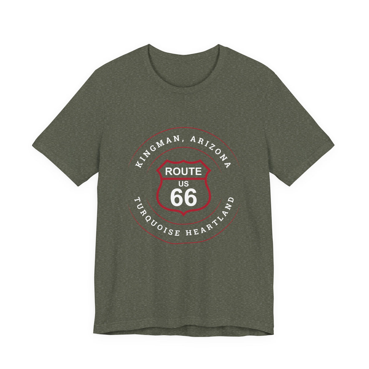 Kingman Arizona turquoise heartland Route 66 t-shirt in heather military green, front view
