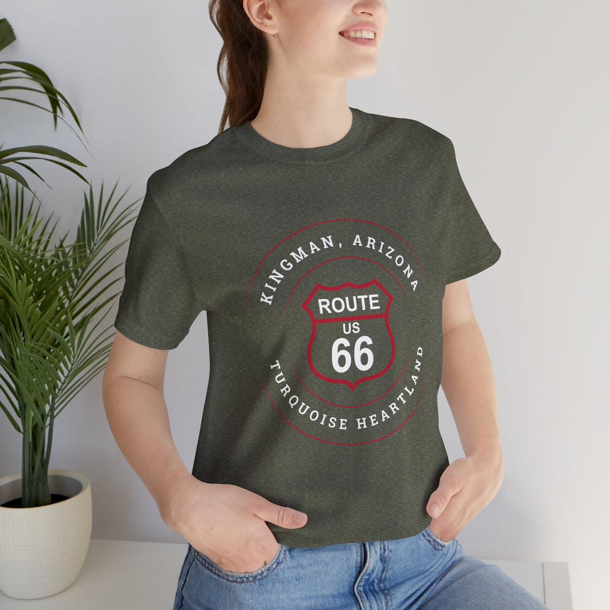 Kingman Arizona turquoise heartland Route 66 t-shirt in heather olive, front view on model
