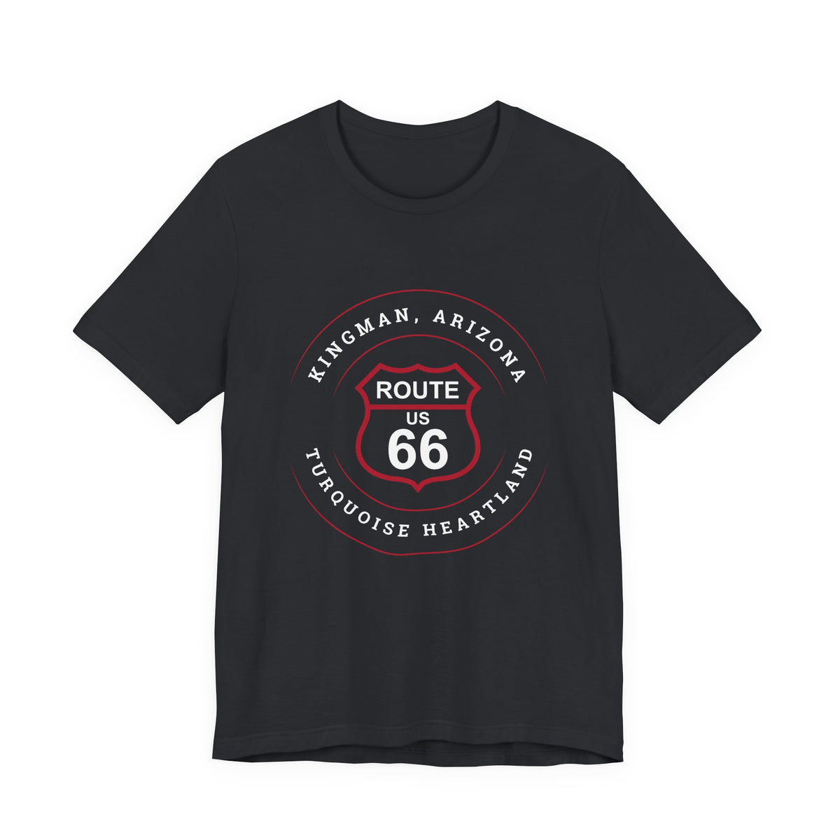 Kingman Arizona turquoise heartland Route 66 t-shirt in vintage black, front view