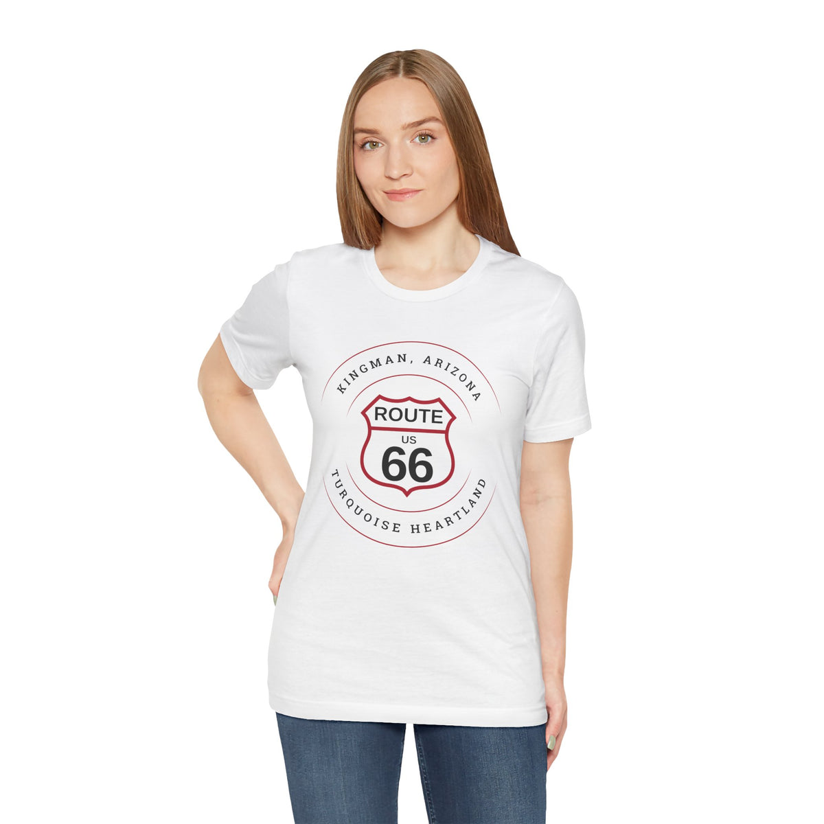 Kingman Arizona turquoise heartland Route 66 t-shirt in white, front view on model