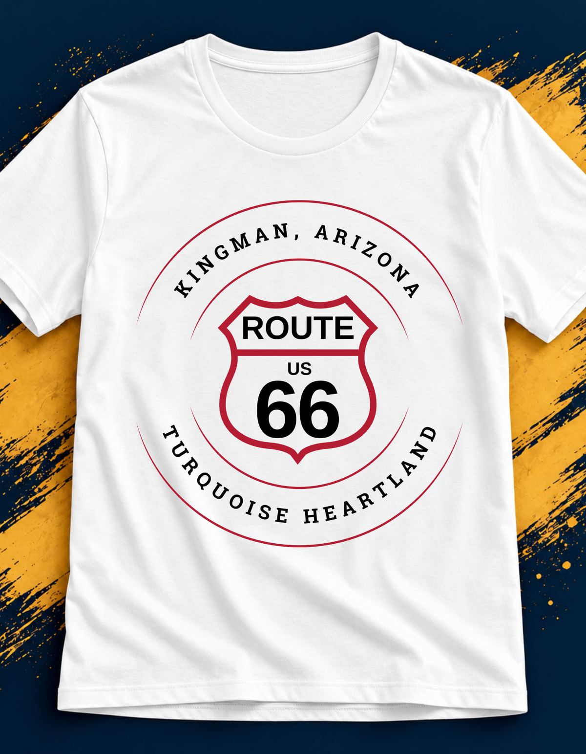 Kingman Arizona turquoise heartland Route 66 t-shirt in white, front view