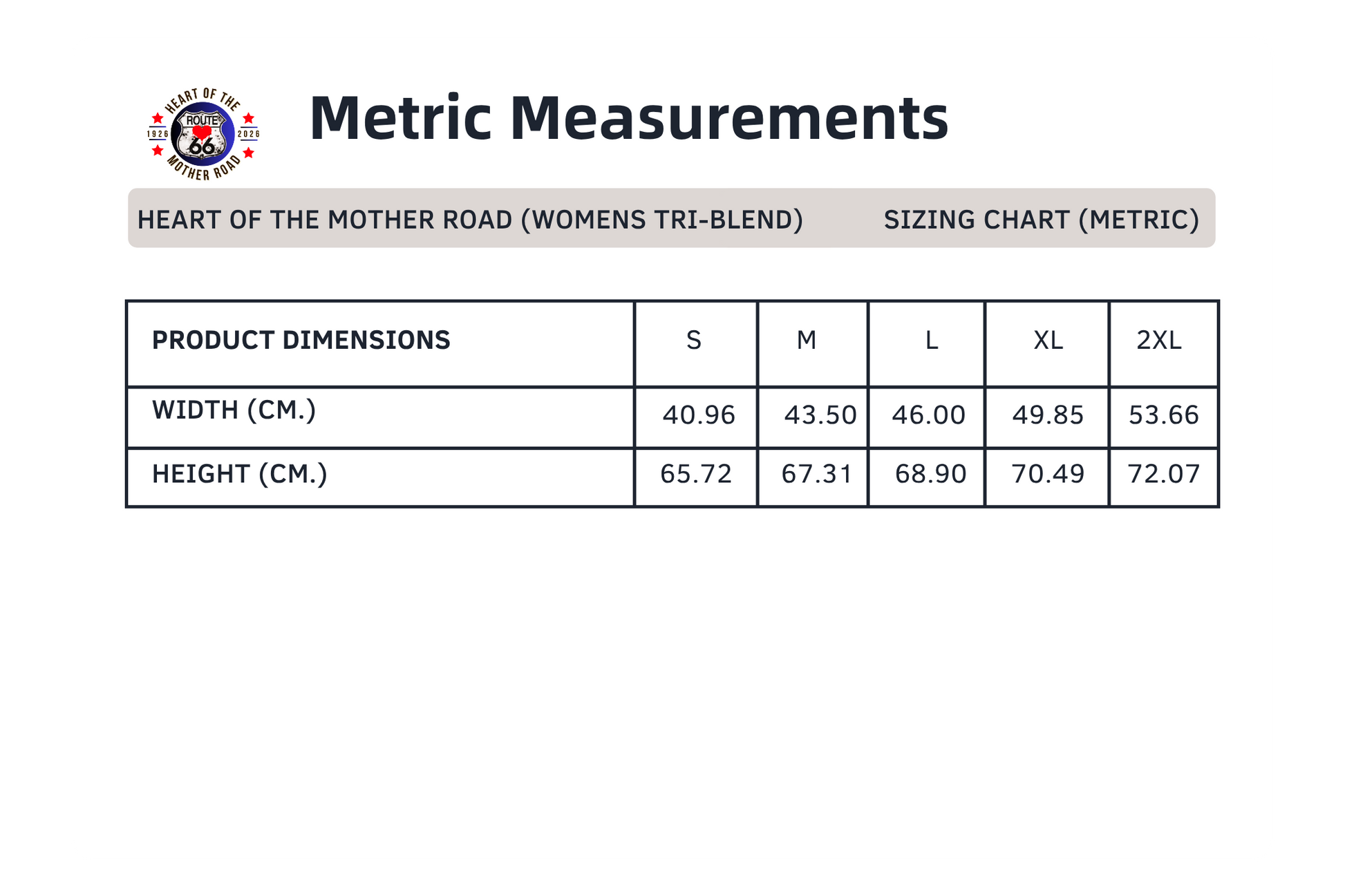Imperial sizing chart for the ultra-soft, collectible Route 66 womens tri-blend tee in the Route 66 Everytown Collection.